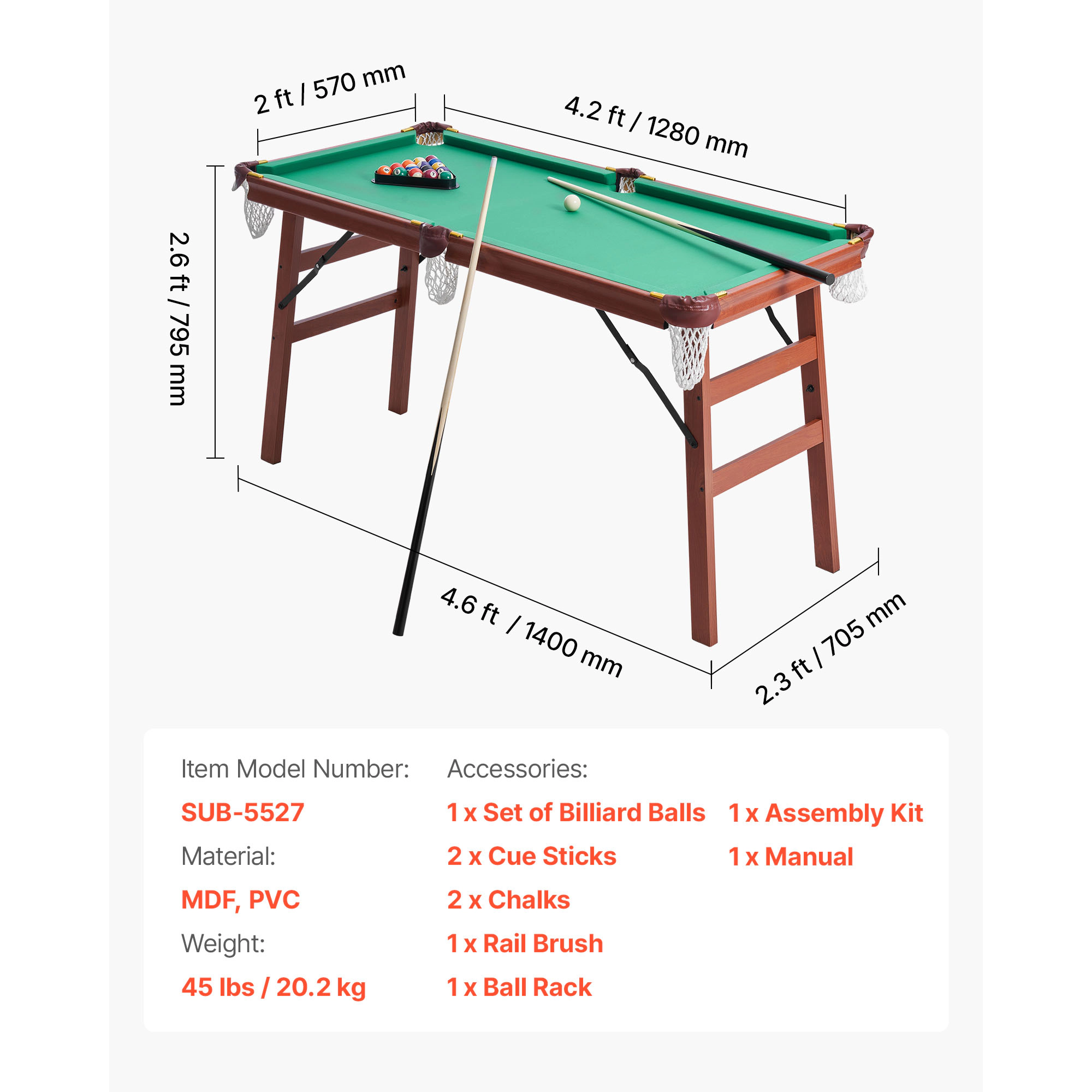 HONGGE Pool Table Portable Billiards Foldable Space-Saving Game Set Includes Brush with Cloth for Family Room