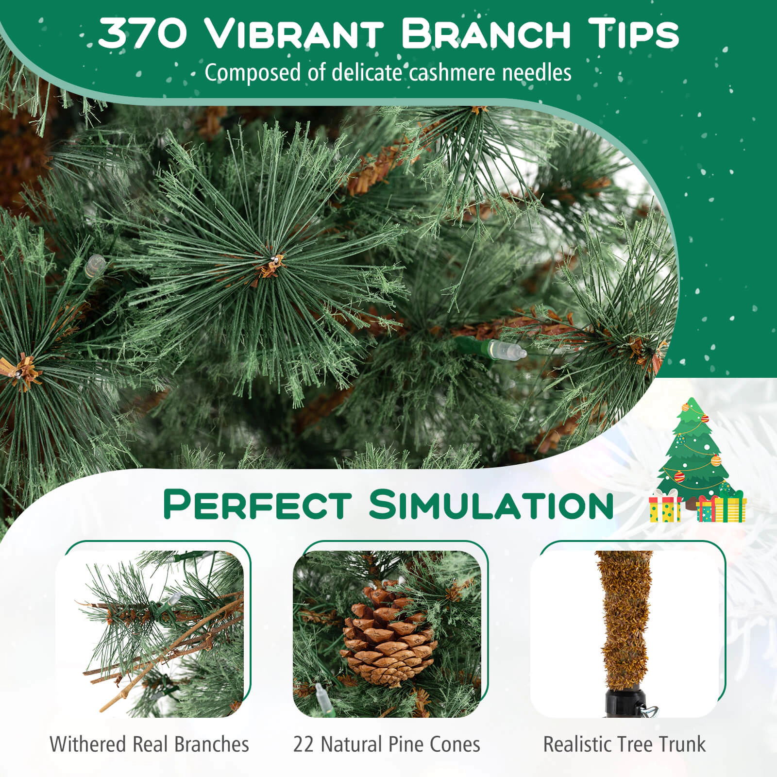 Costway 6/7/8 FT Artificial Christmas Tree with 702 Branch Tips, 28/36 Pine Cones & 400 LED Lights