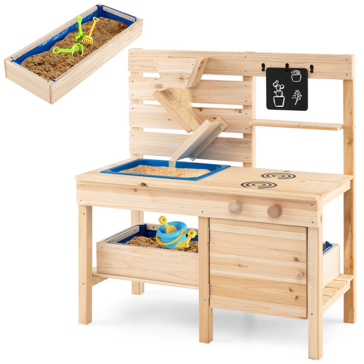 Hivvago Outdoor Play Pretend Kitchen with Detachable Sandbox and Removable Sink-Natural