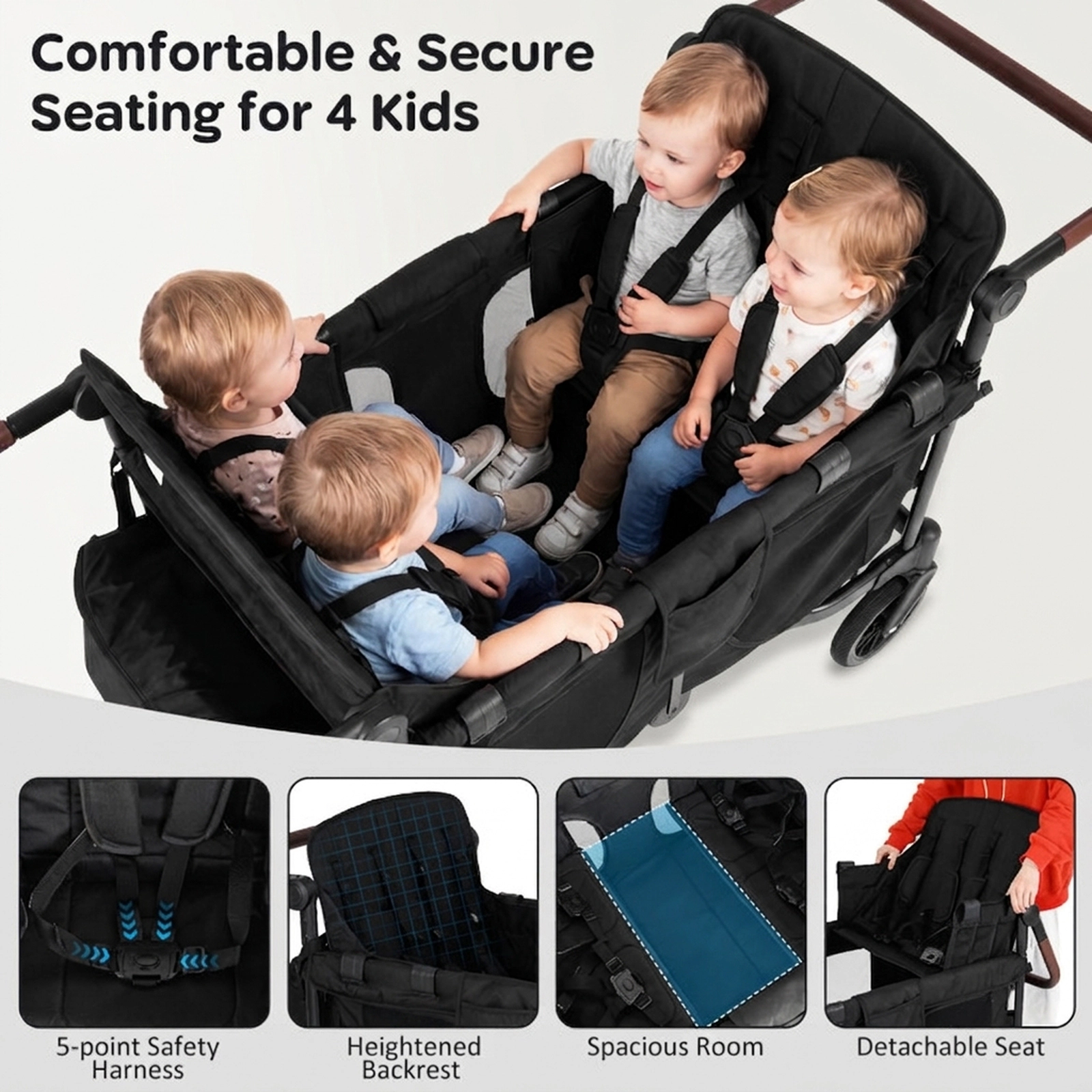SUGIFT Toddler Black 4-Seat Wagon Stroller with 4 Detachable Padded Seats 44-in W 27.5-in D 45-in H 35-lb Per Seat