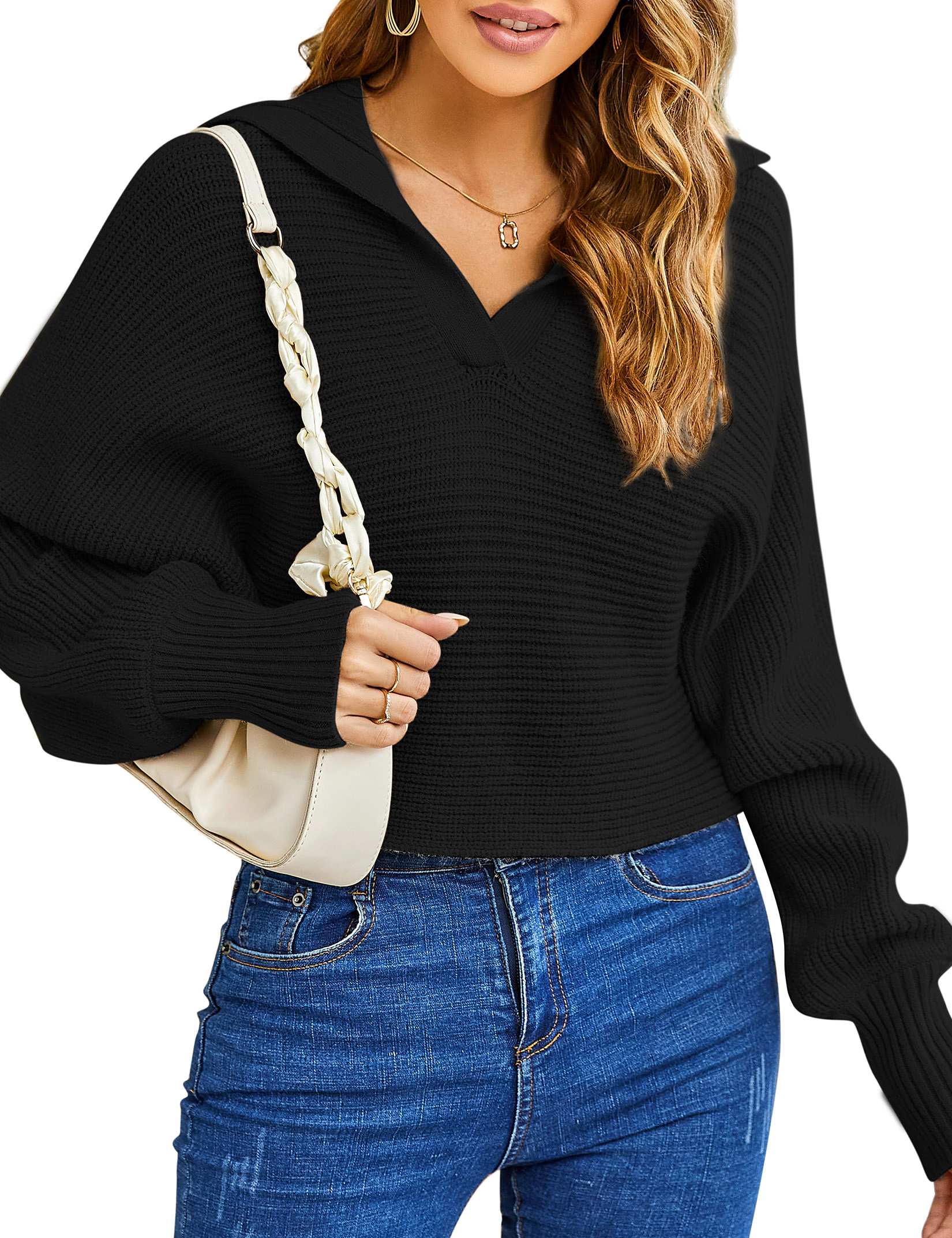 KOJOOIN Women's V-Neck Sweater Collared Long Sleeve Pullover Knit Loose Tops
