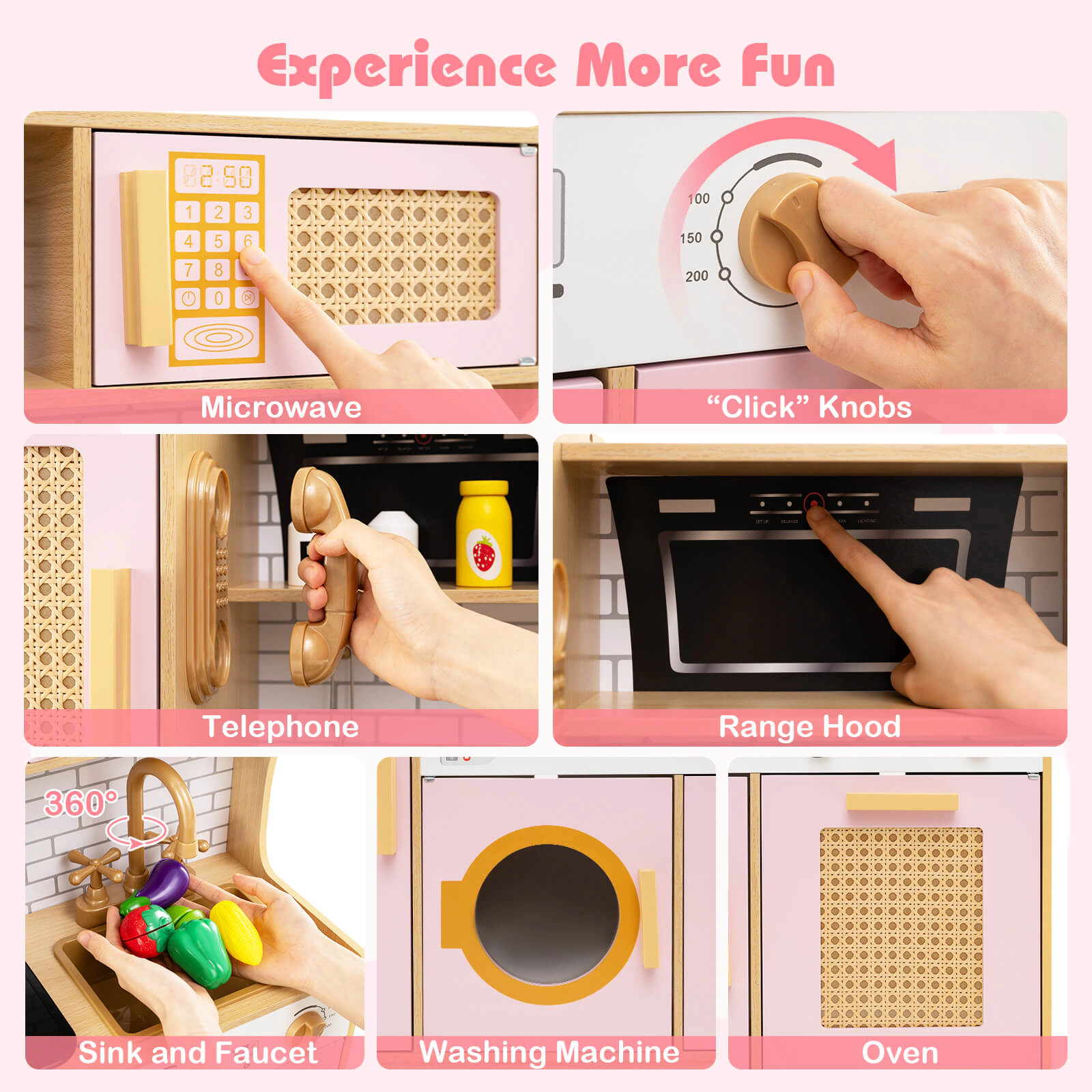 Costway Wooden Kids Kitchen Playset Pretend Play with Real Sounds Lights Yellow
