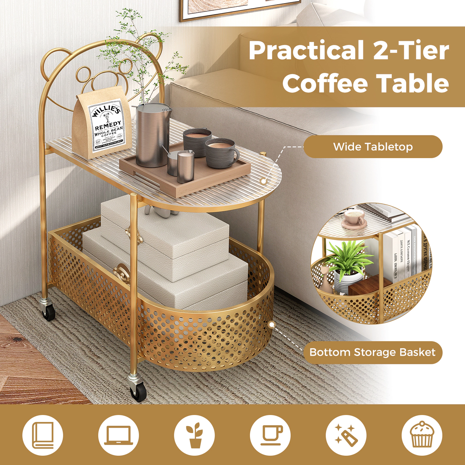 SUGIFT 2-Tier Mobile Tempered Glass Coffee Table with Bear Pattern 44-lb Tabletop Capacity Transparent + Golden