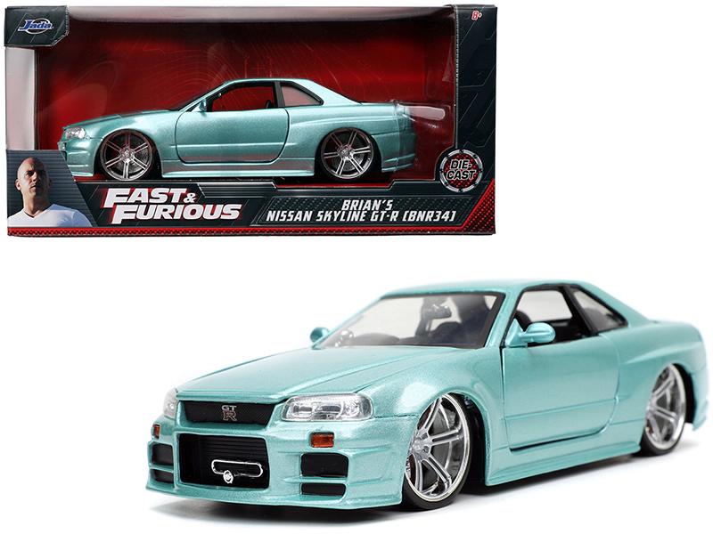 Jada Brian's Nissan Skyline GT-R (BNR34) RHD (Right Hand Drive) Turquoise Metallic "Fast & Furious" Movie 1