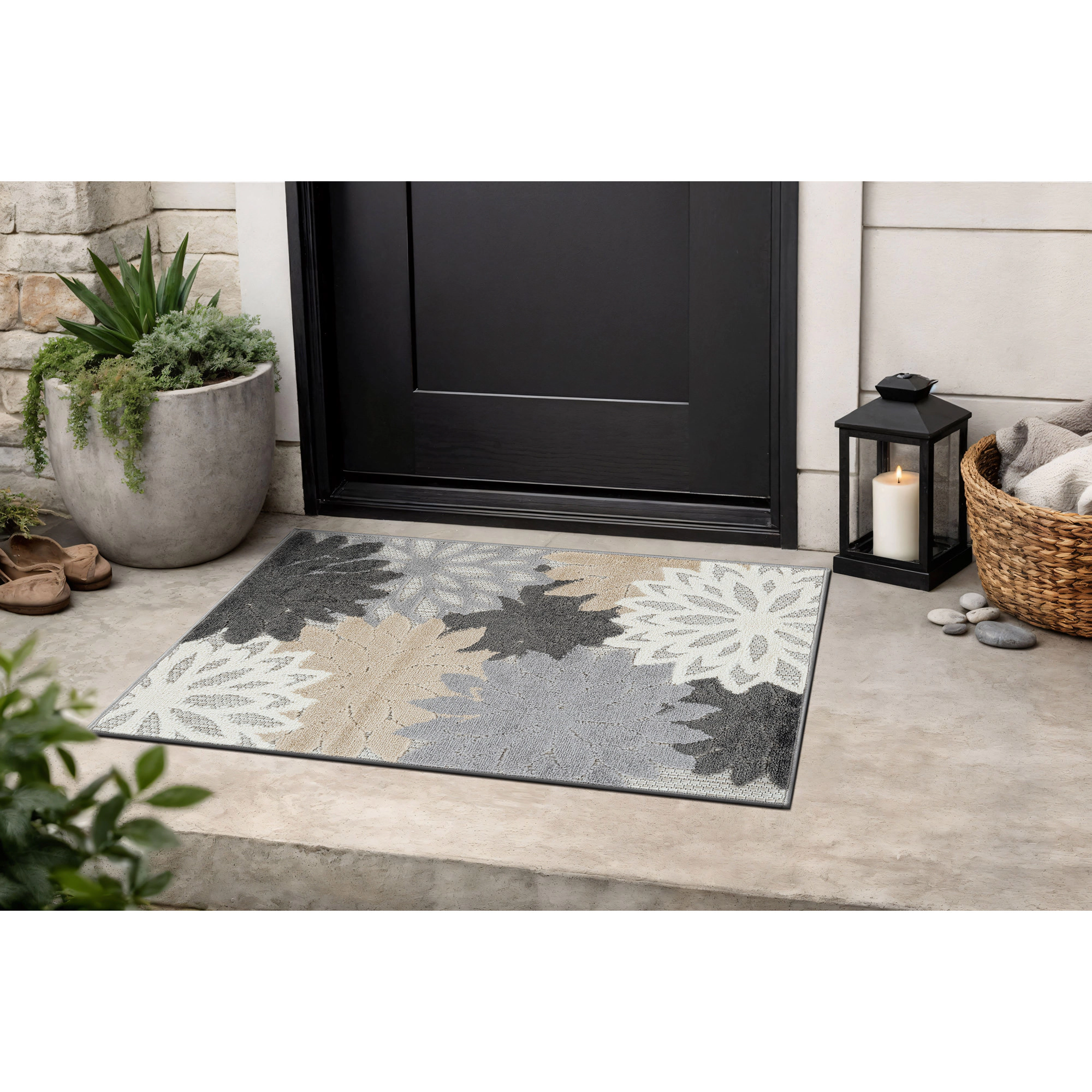 World Rug Gallery Indoor/Outdoor High-Low Textured Area Rug, Floral Gray/Ivory, Easy-Clean Patio