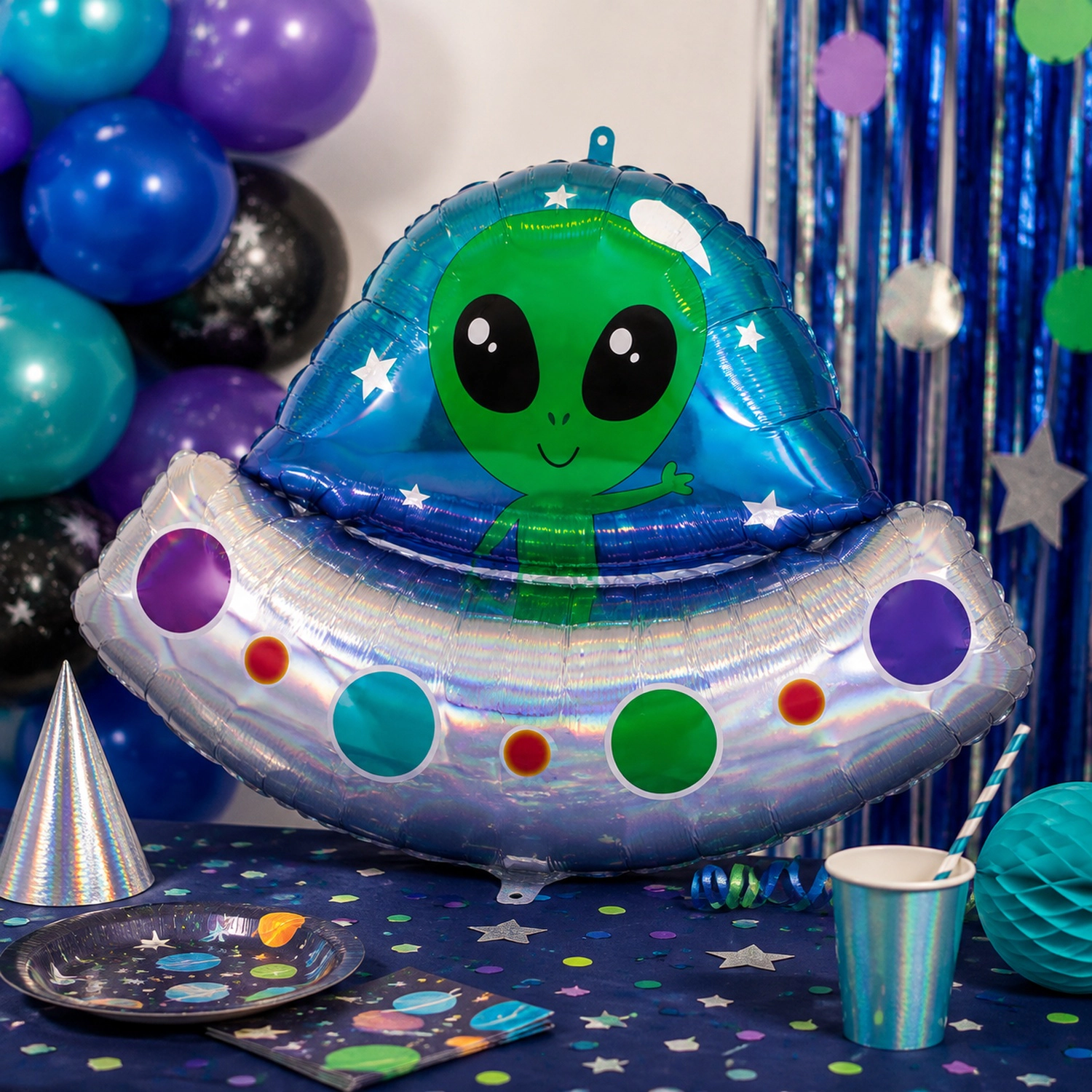 LoonBalloon 28 in Holographic Foil Balloons 5-Pack, Alien Space Ship Design