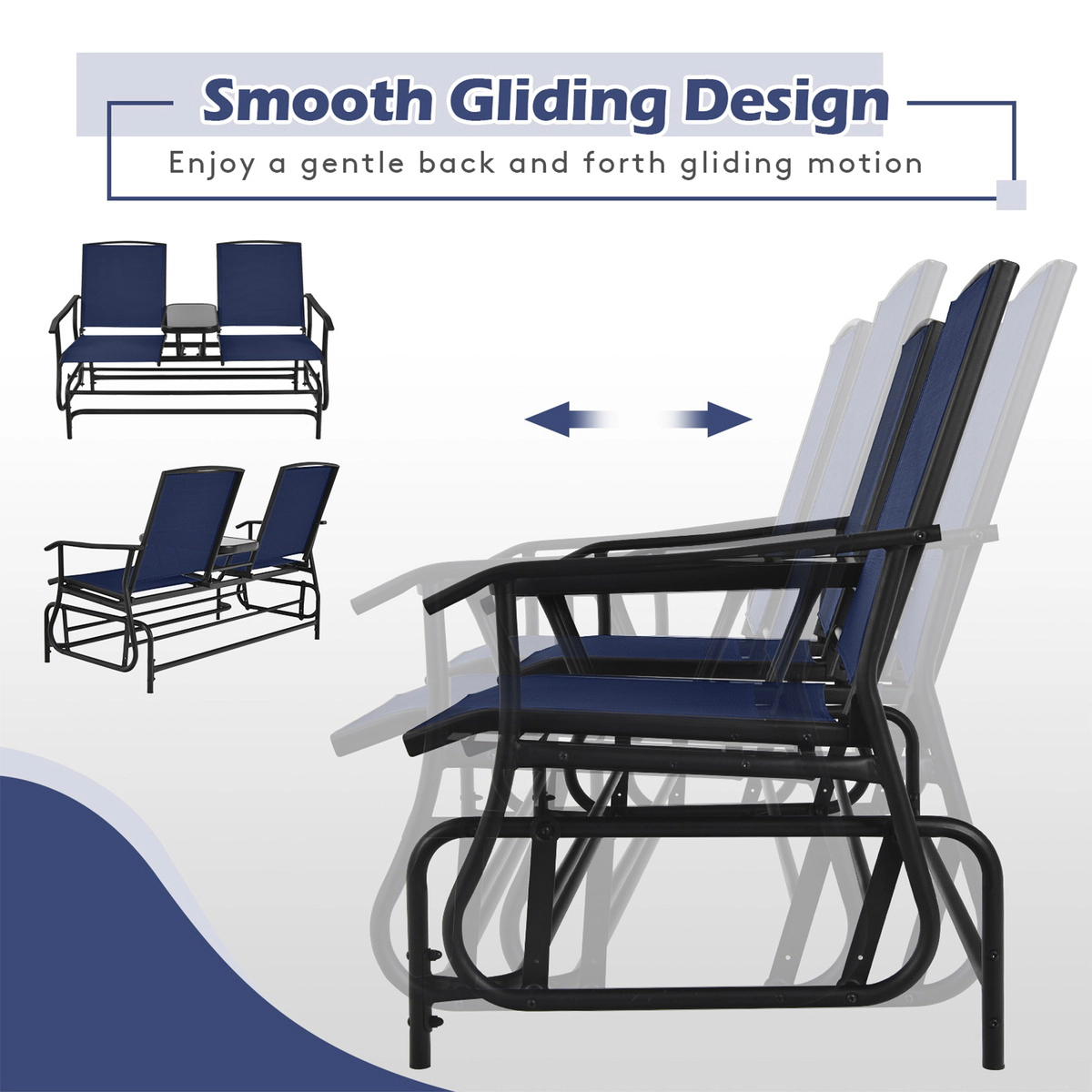 SUGIFT Navy Mesh Fabric and Tempered Glass Center Table 2-Person Double Rocking Loveseat