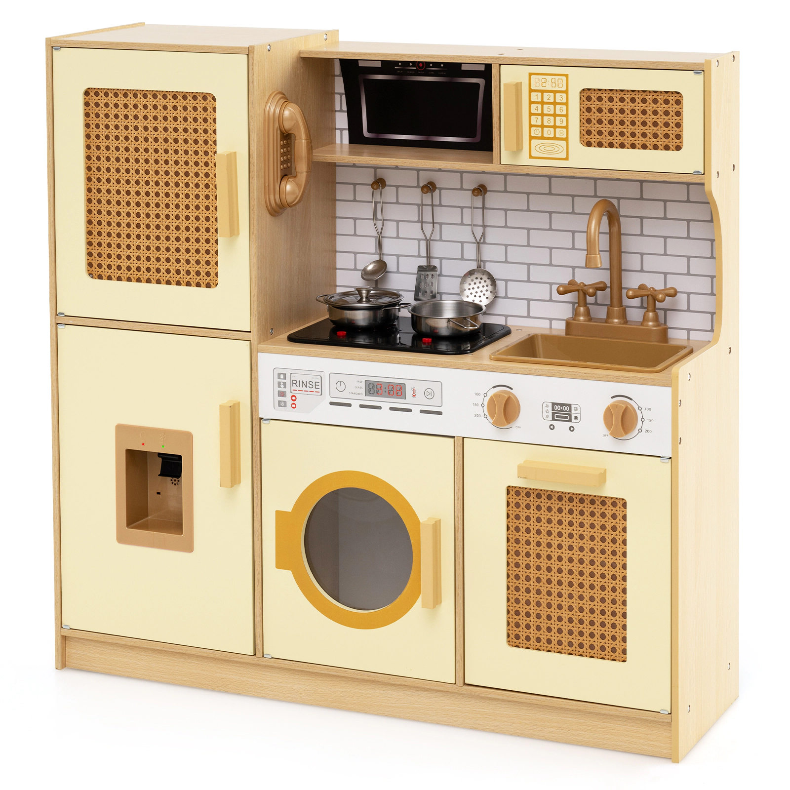 SUGIFT Wooden Kitchen Playset with Realistic Lights and Sounds for Ages 3+ Yellow