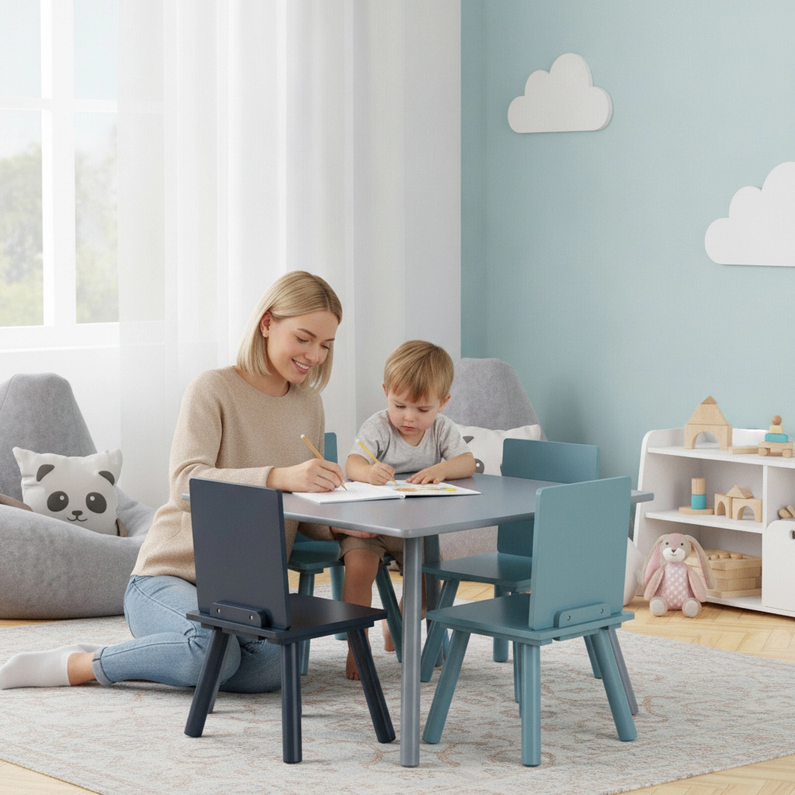 SUGIFT 5-Piece Kids Activity Table and 4 Chairs Set with Building Blocks, Blue