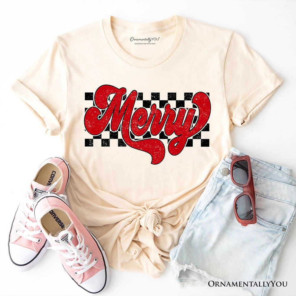 OrnamentallyYou Womens Merry Retro Checkered Christmas T-Shirt