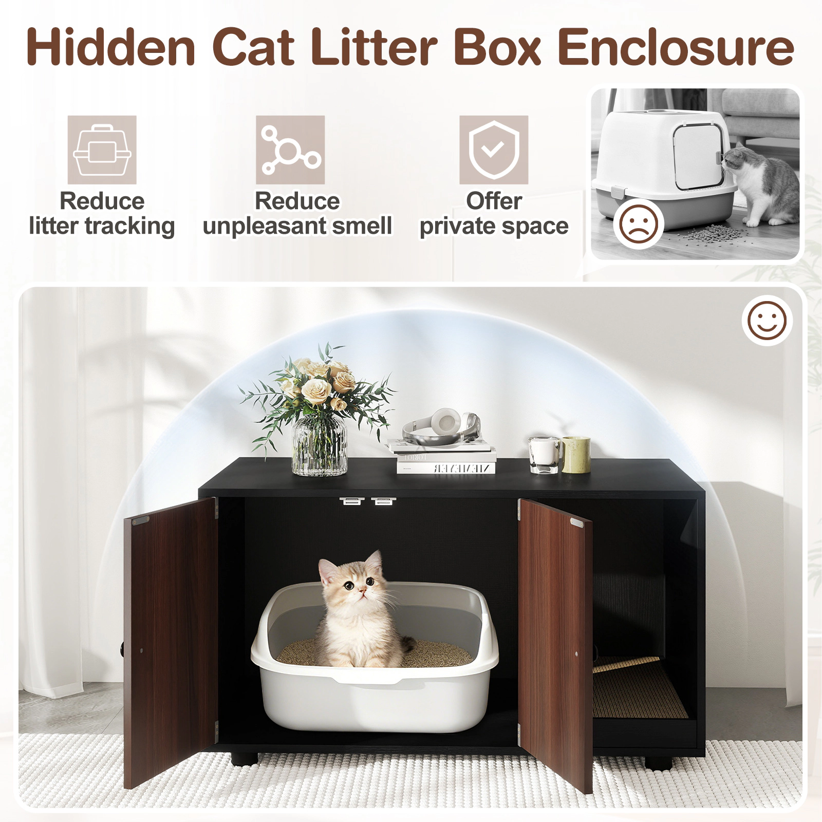 SUGIFT Black Cat Litter Box Furniture with Scratching Board 35.5-in W 20-in D 20-in H 88-lb Tabletop Capacity