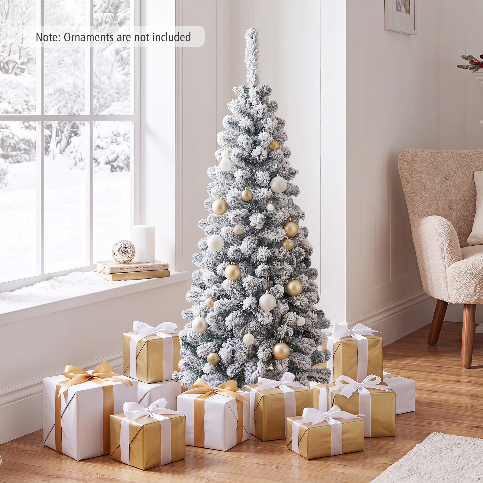 Costway 6 FT Unlit Flocked Pencil Christmas Tree Hinged with 500 Branch Tips