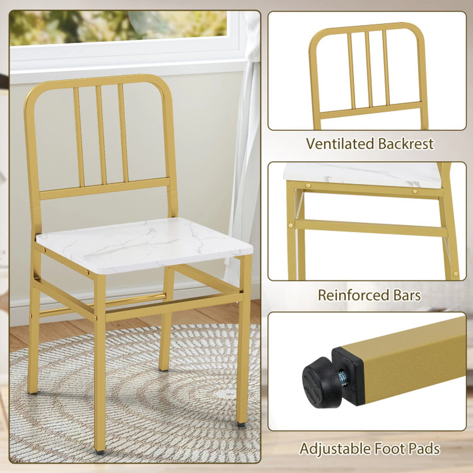 SUGIFT 5-Piece Round Dining Set with Storage Shelf 250-lb Table Capacity 330-lb Chair Capacity White + Gold