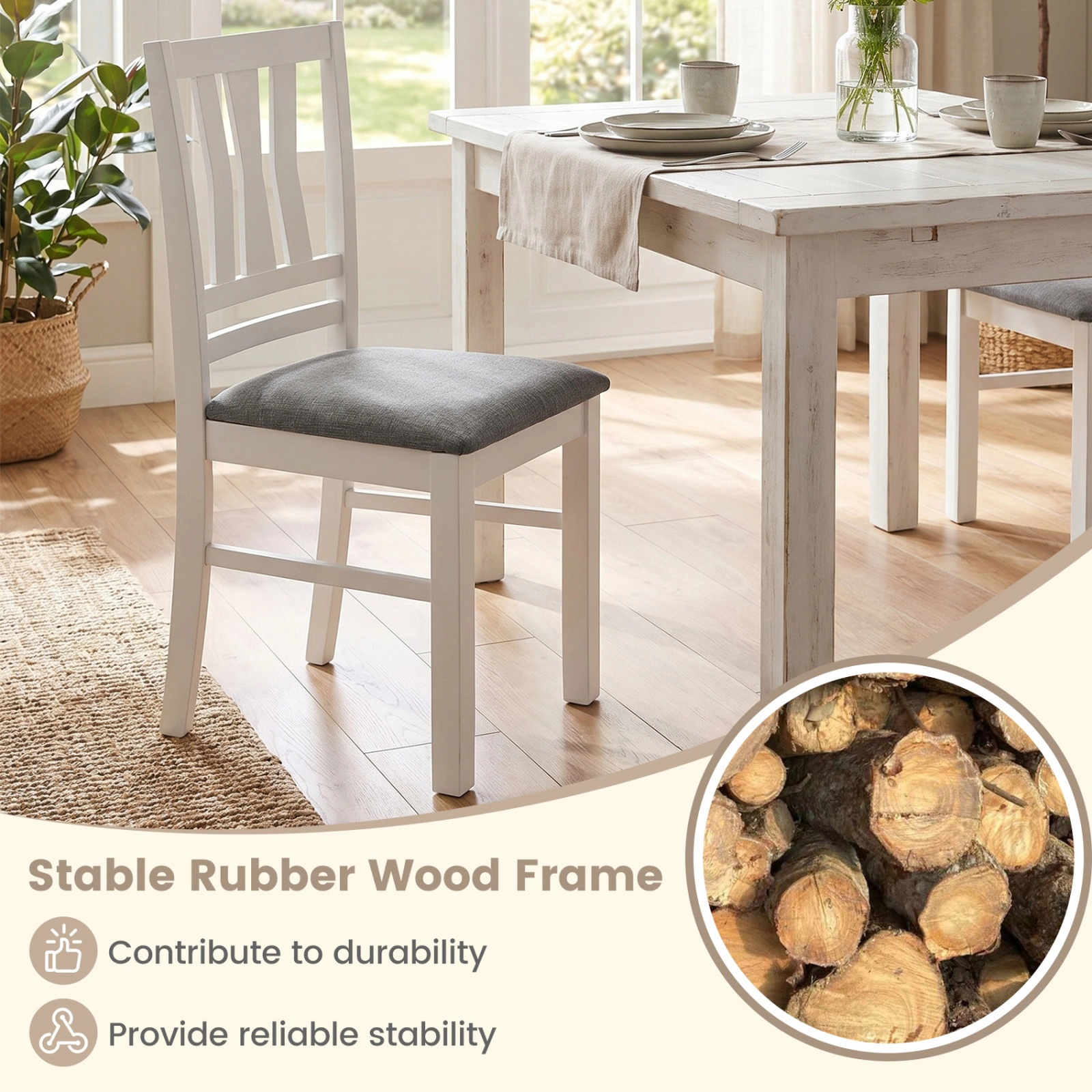SUGIFT Set of 4 Linen Style Upholstered Dining Chairs 330-Lb Capacity with Slatted Backrest White and Gray