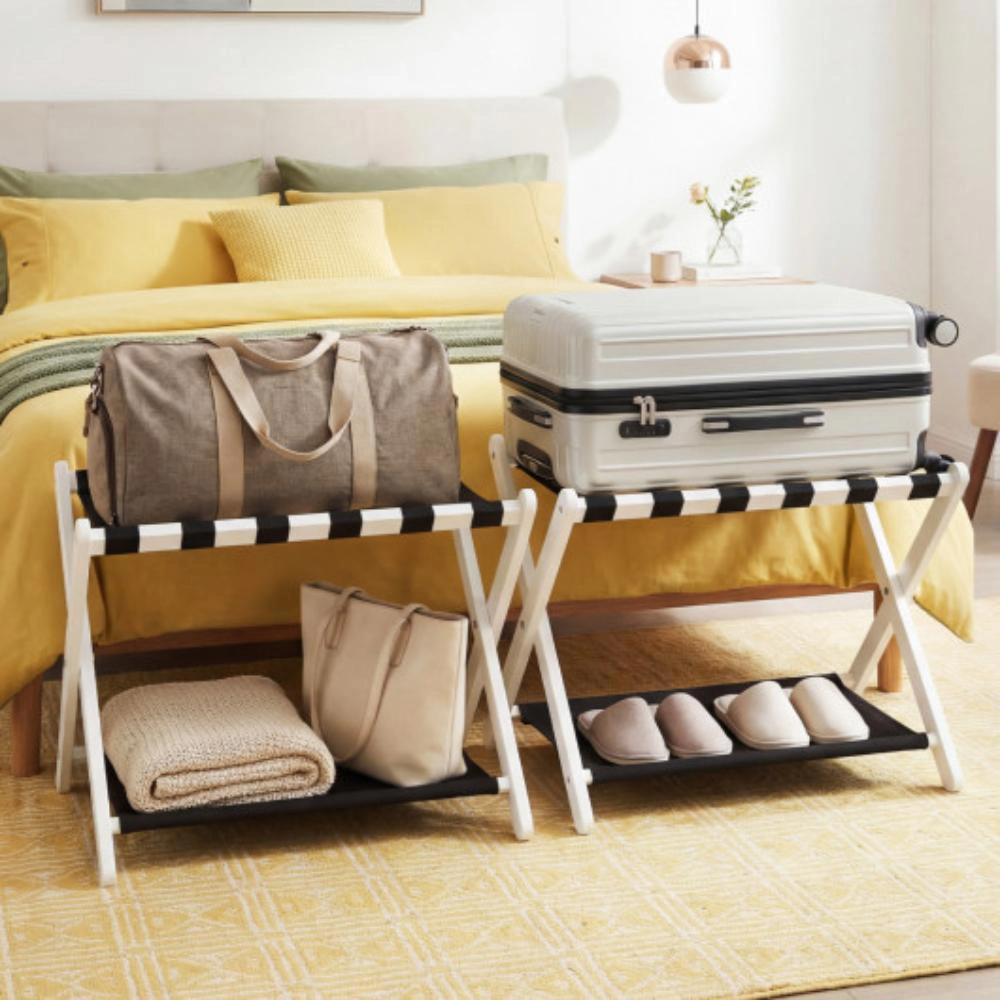 Hivvago Solid Rubberwood Folding Luggage Rack with Nylon Shelves Set of 2