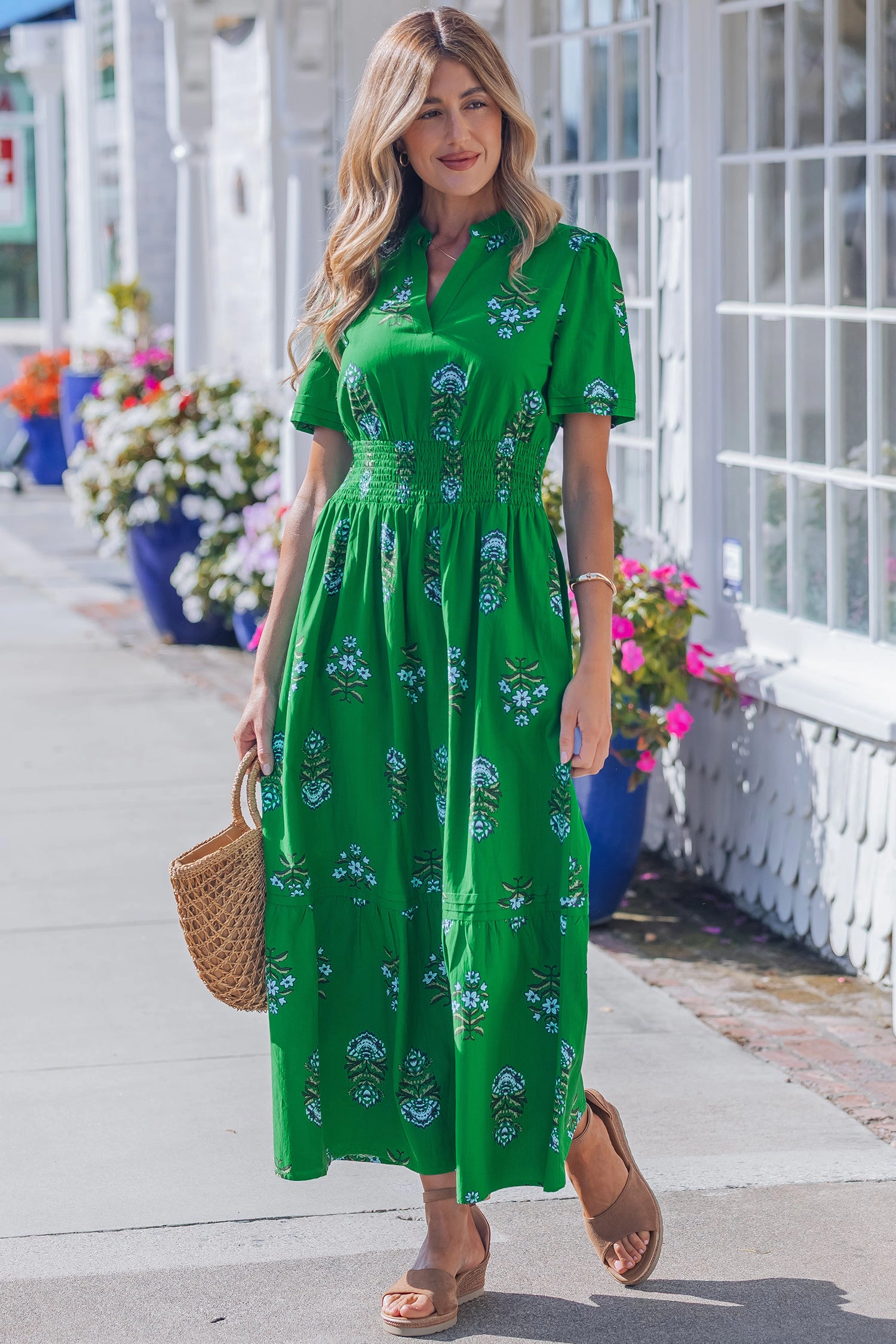 19092 Davina Ruffle-Hem Maxi Dress - Floral, Shirred Waist, Short Sleeves