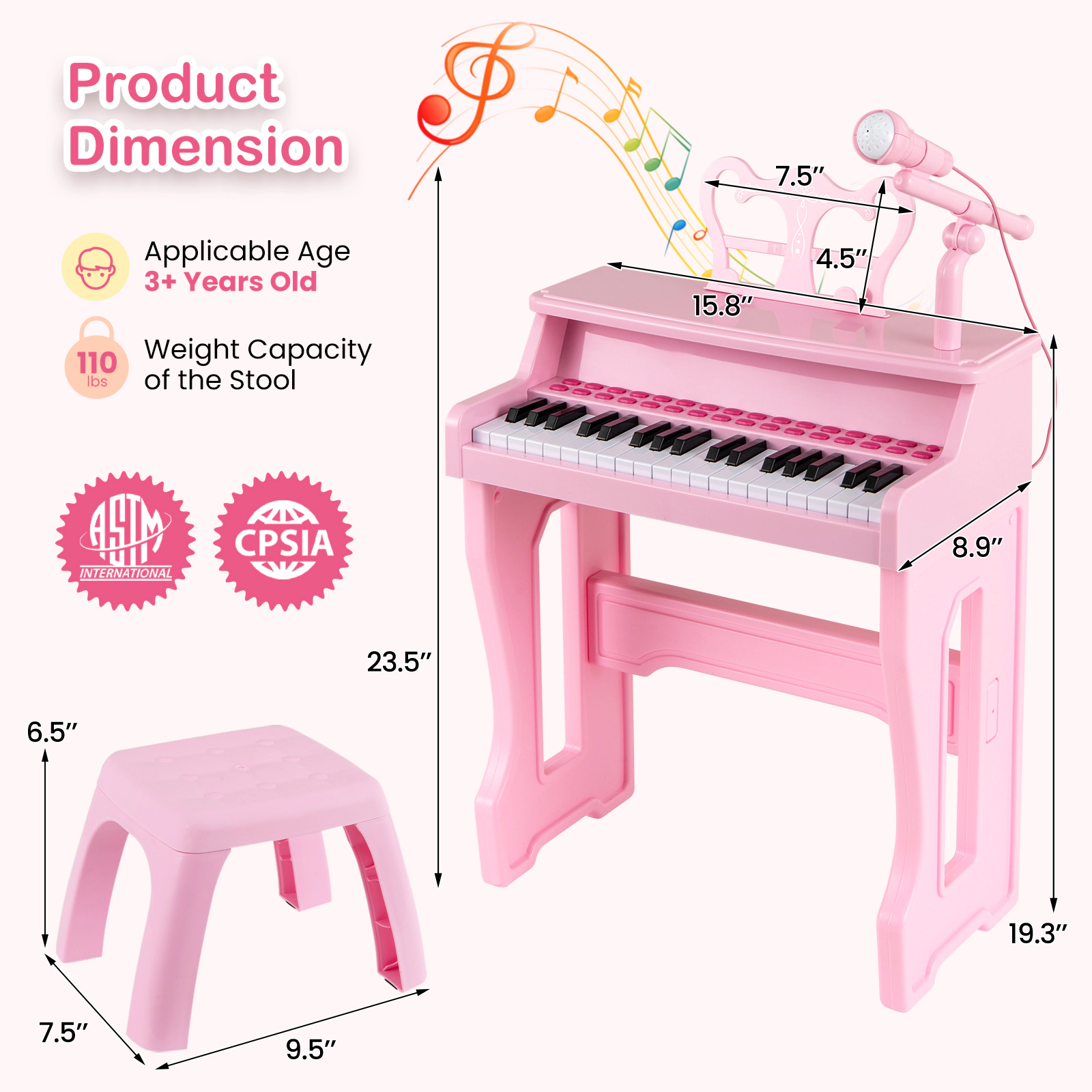 SUGIFT Kids Pink 37-Key Toy Piano Keyboard with Microphone and Stool 15.8-in W 8.9-in D 23.5-in H Ages 3+