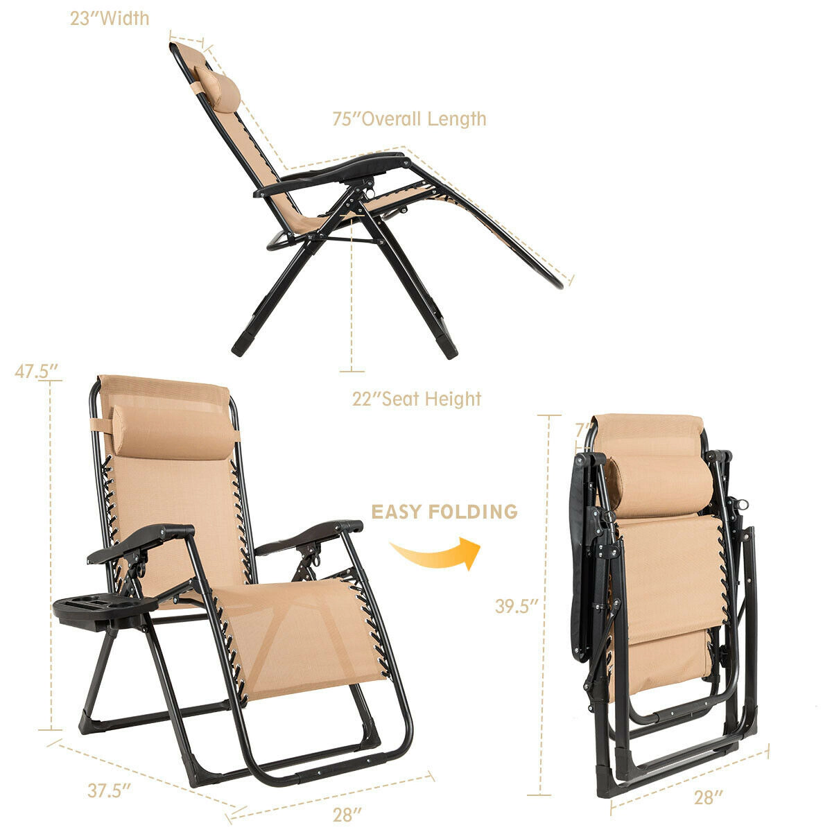 Hivvago Oversize Lounge Chair Patio Heavy Duty Folding Recliner