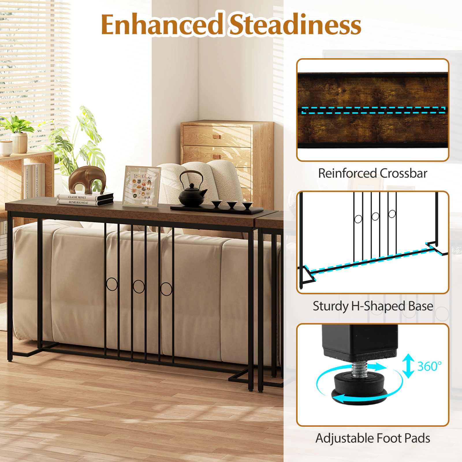 SUGIFT 1.6-in Thick Top H-Shaped Metal Base Industrial Console Table 55-in x 12-in x 32-in 175-lb Capacity Brown