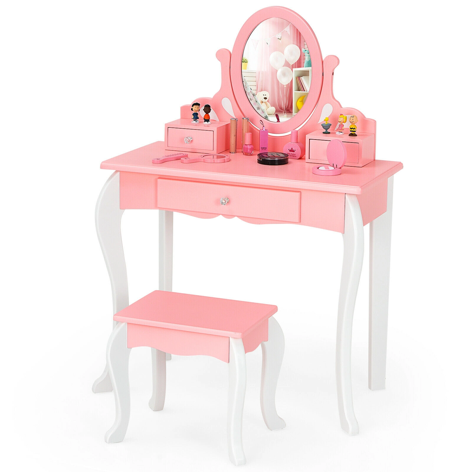 SUGIFT Kids 360-Degree Rotating Detachable Mirror Vanity Table and Stool Set 27.5-in x 13-in x 39-in 44-lb Pink