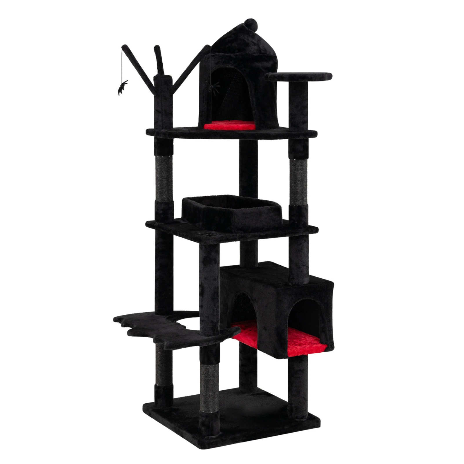 SUGIFT 70 in Gothic Cat Tree Black and Red with Castle Condo Coffin Bed and Anti-Tipping Kit