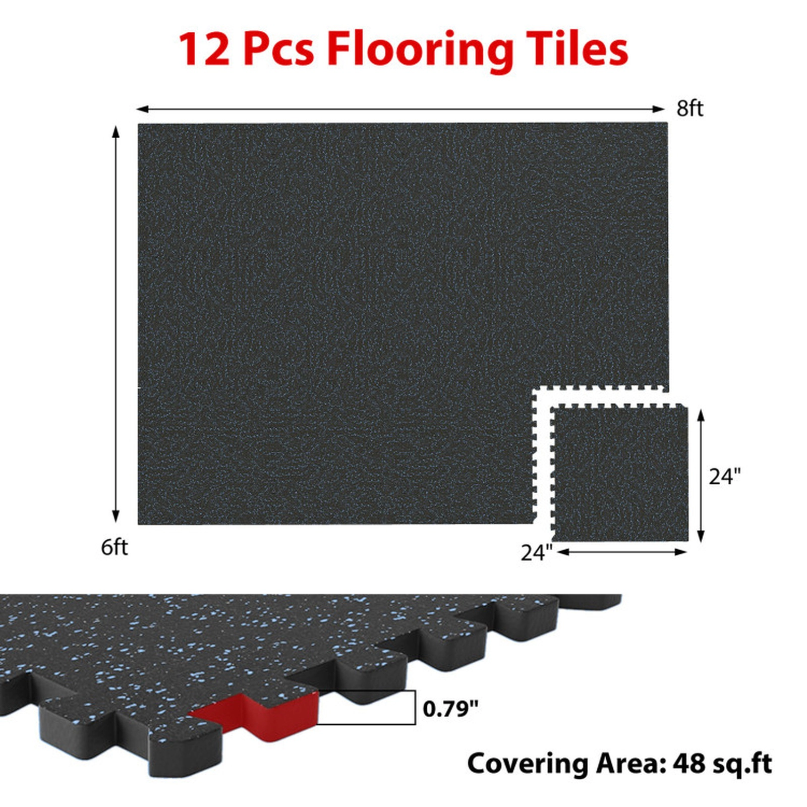 SUGIFT Black Set of 2 Extra Thick Rubber Top Gym Floor Mats with 48 Borders 24-in W 24-in D 0.79-in H