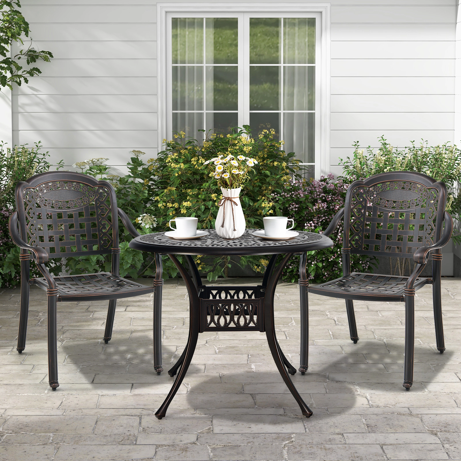 LJG Set of 2 Cast Aluminum Patio Chairs with Armrests