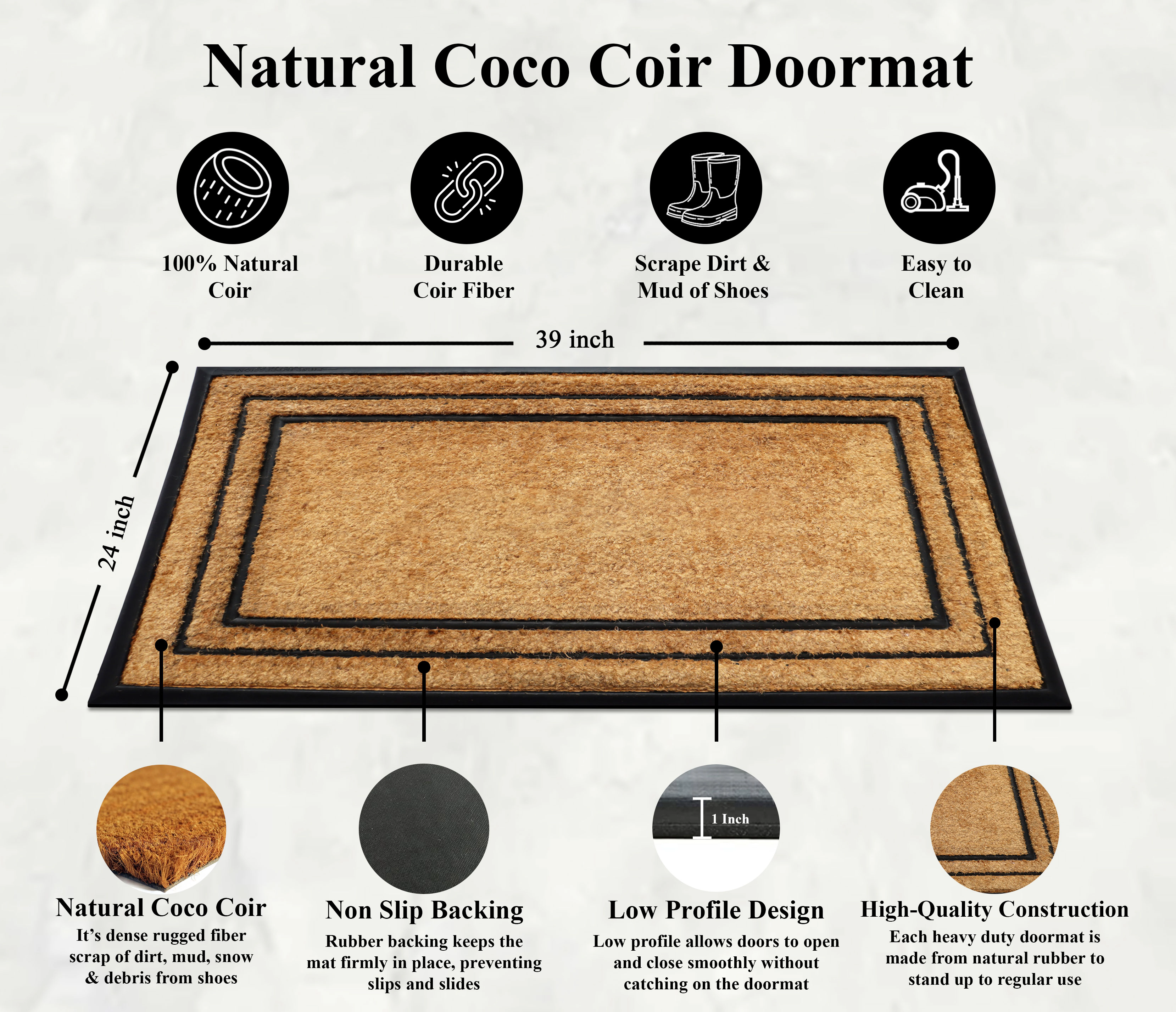 A1HC Coir and Rubber Door Mat 24x39 Inches Heavy Duty Non-Slip Dirt-Trapping Plain Border
