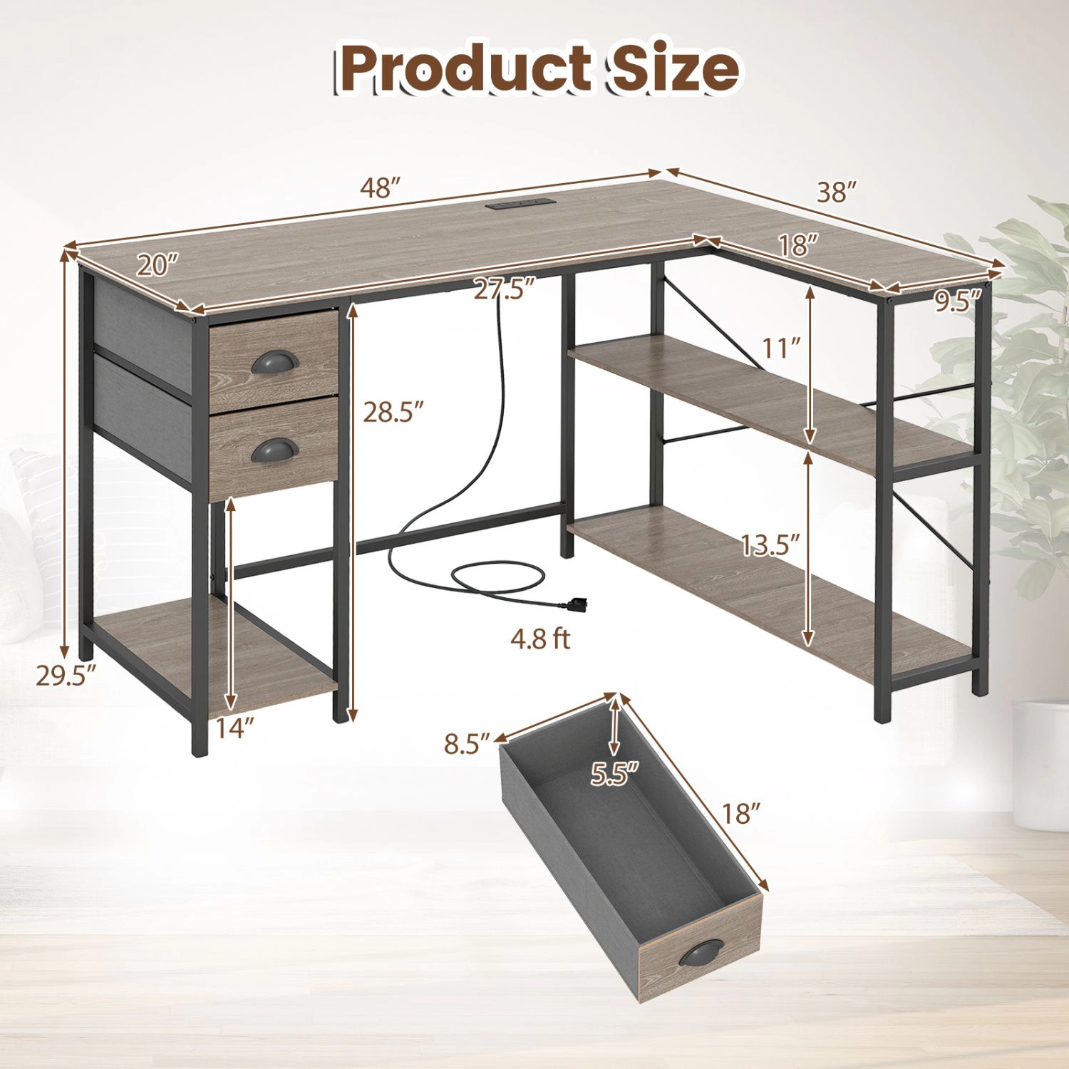 SlickBlue L Shaped Computer Desk with Charging Station and Drawers