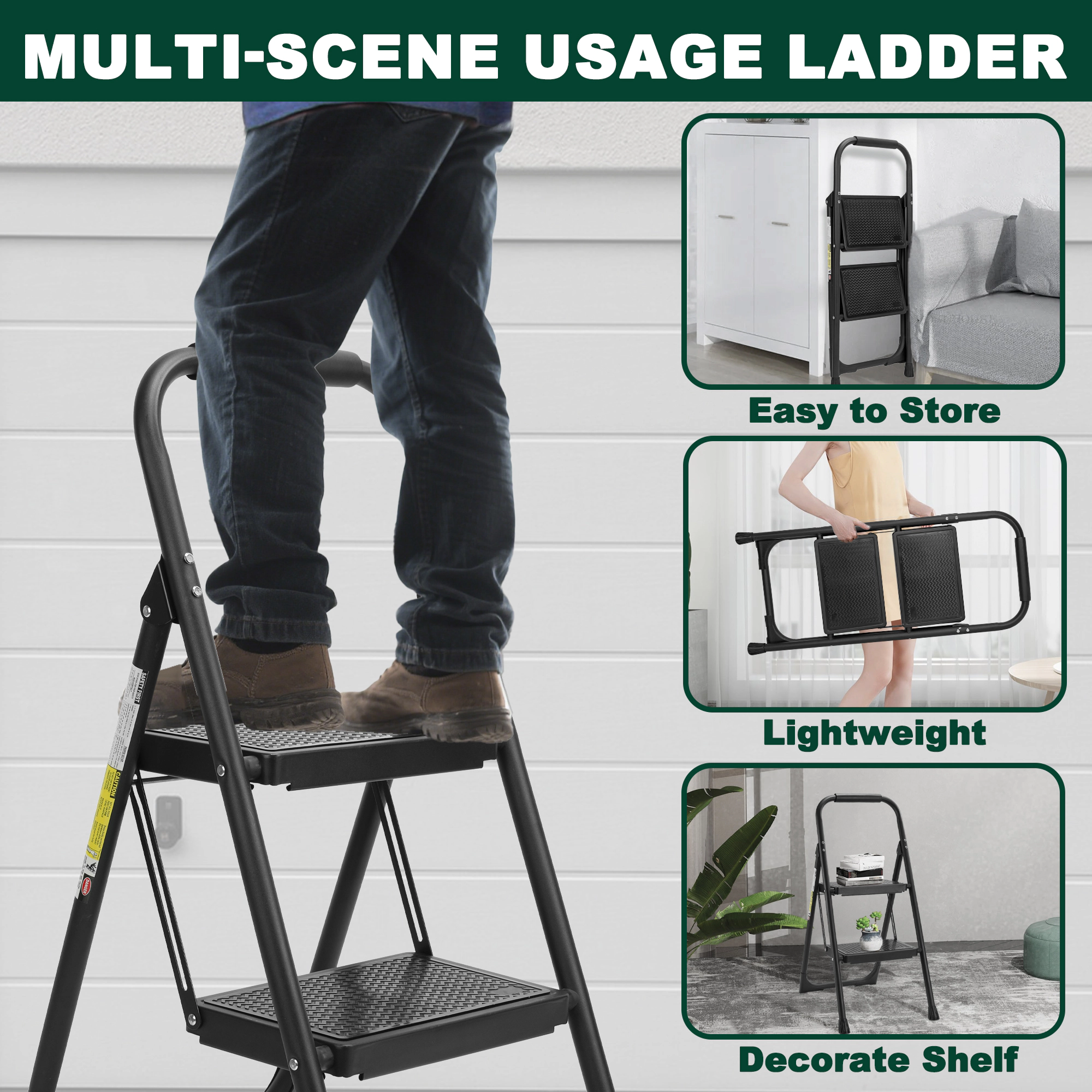 Flynama Step Ladder- 330lb Capacity Steel Foldable Step Stool (Black