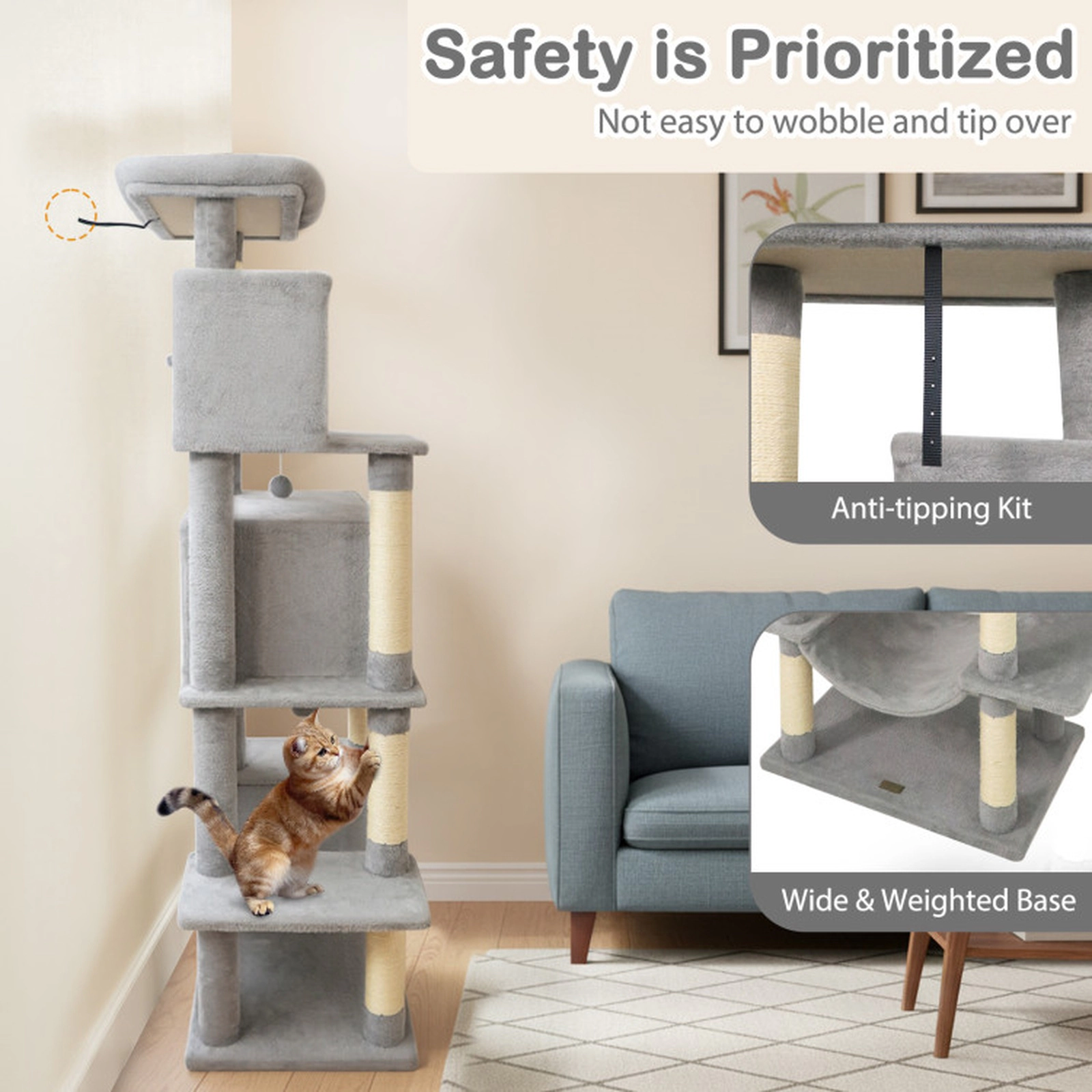 SUGIFT 70-in Light Gray Tall Cat Tree for Large Indoor Cats with 2 Condos Hammock and Anti-Tip Kit