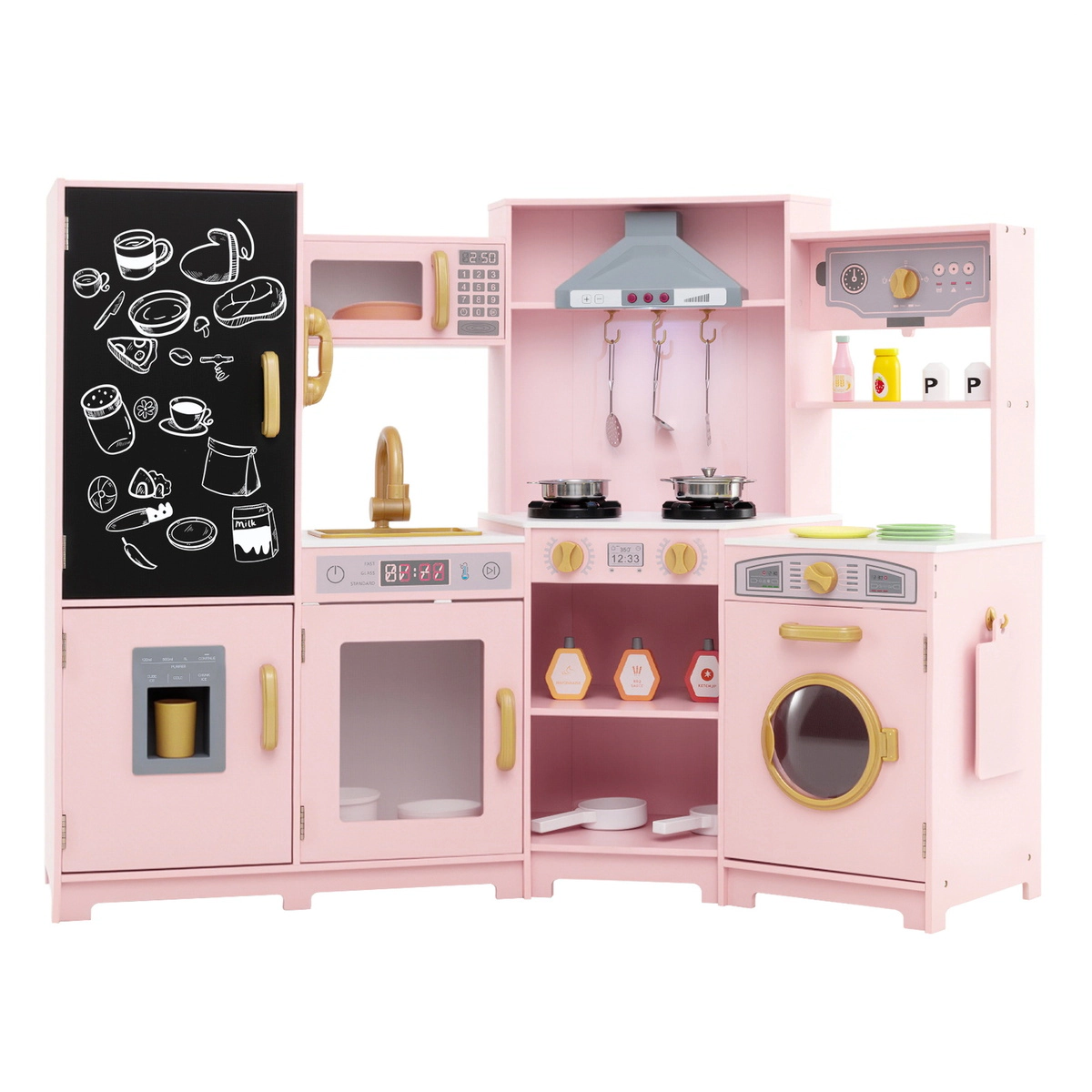 SUGIFT Pink Lights Sounds and Ice Maker for Kids Large Corner Wooden Play Kitchen