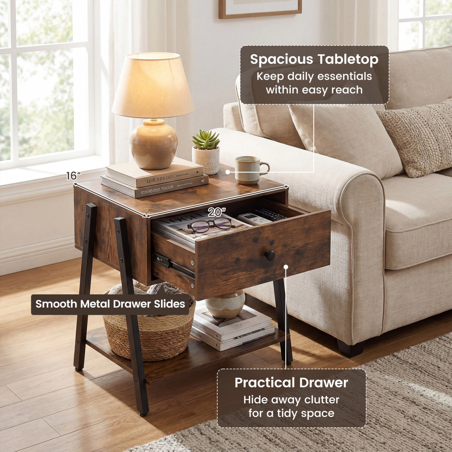 Hivvago Industrial Nightstand with Drawer and Adjustable Foot Pads for Bedroom