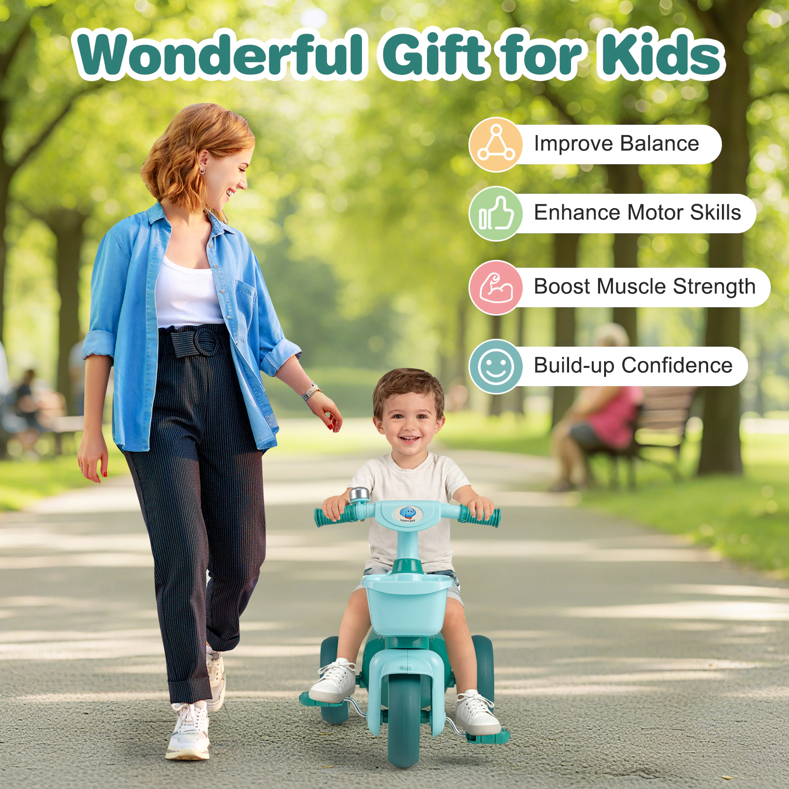 SUGIFT Toddler Tricycle Green with Limited Steering Front and Rear Baskets and Bell