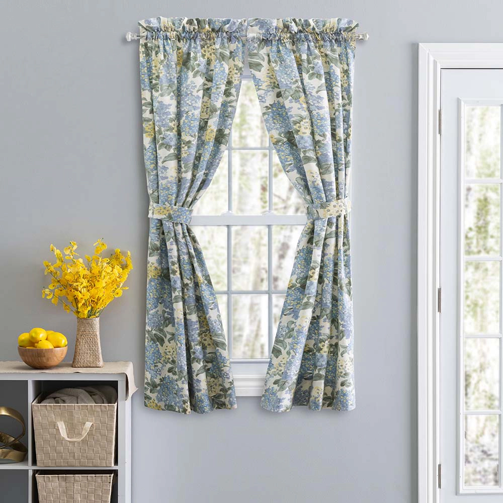 Ellis Hydrangea Classic Pattern Printed 1.5" Rod Pocket Window Tailored Pair with Ties 68"x72" Blue