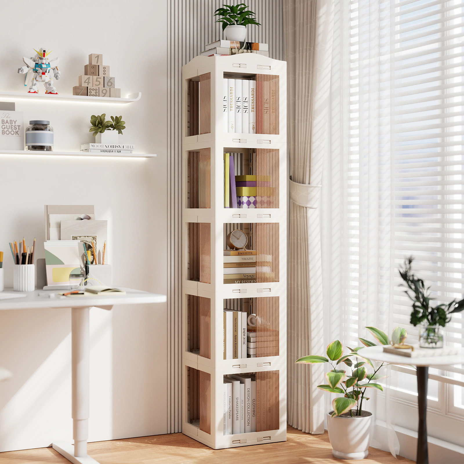 SUGIFT White 5-Tier Foldable Rotating Bookshelf 68.5 in with 360 Degree Swivel Base