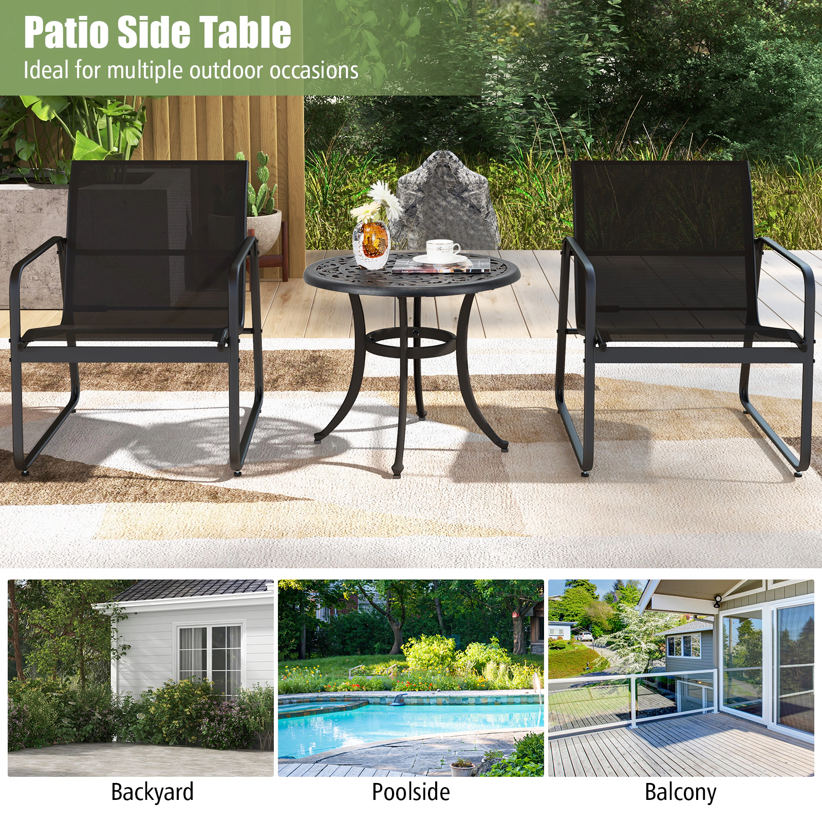 SUGIFT 24-in Round Cast Aluminum Patio Side Table with Adjustable Footpads 110-lb Capacity Antique Brown