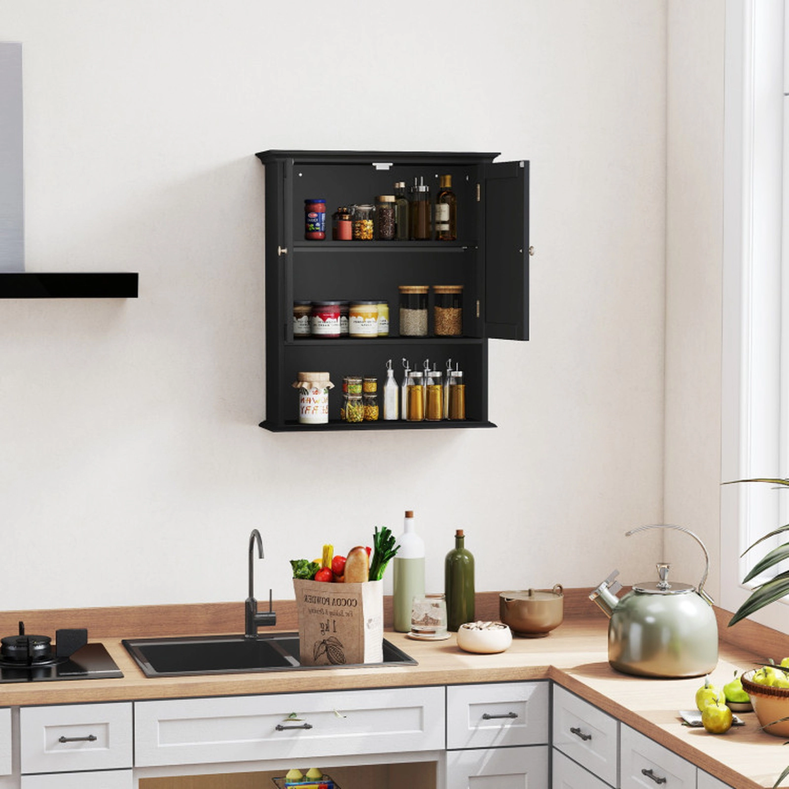 SUGIFT Wall Mount 2-Door Open Compartment Bathroom Storage Cabinet 23.5-in x 7.5-in x 28-in 11-lb per Shelf Black