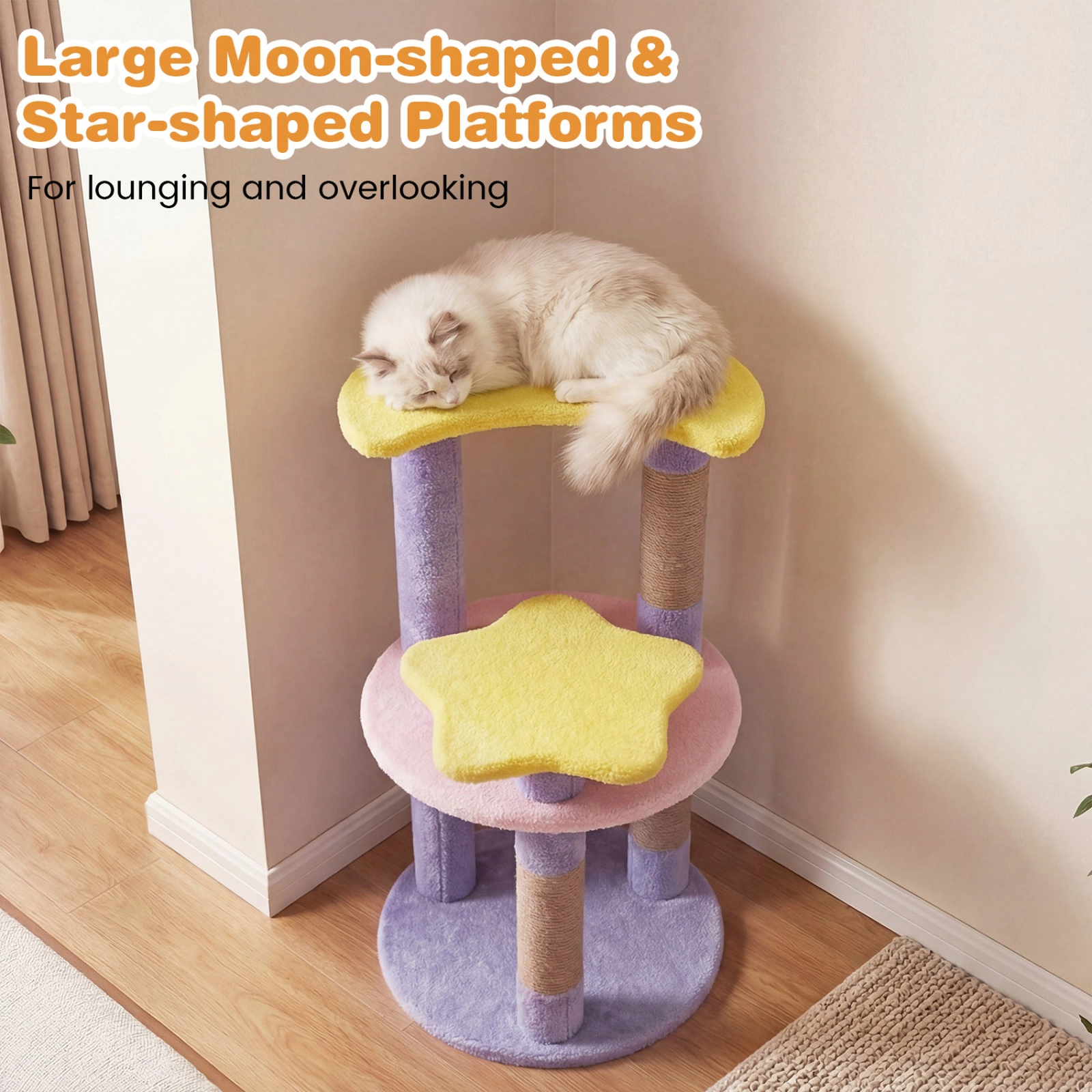 SUGIFT 29-in Modern Cat Tree with Star & Moon Shaped Platforms 11-lb Net Weight 4-Layer Climbing Tower Purple+Yellow