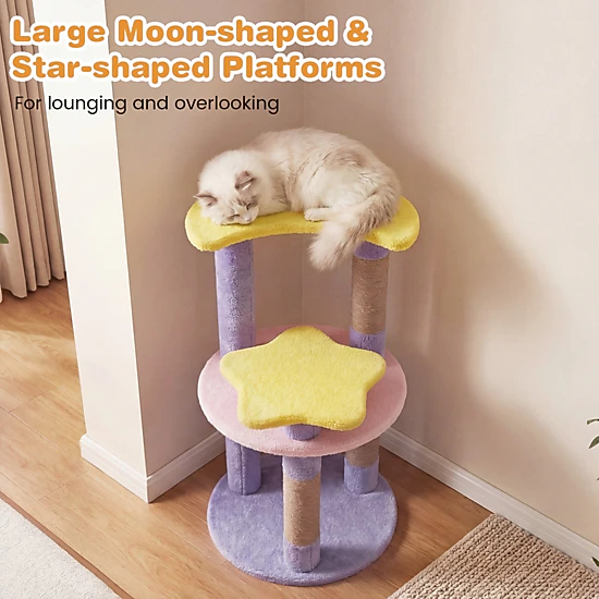 SUGIFT 29-in Modern Cat Tree with Star & Moon Shaped Platforms 11-lb Net Weight 4-Layer Climbing Tower Purple+Yellow