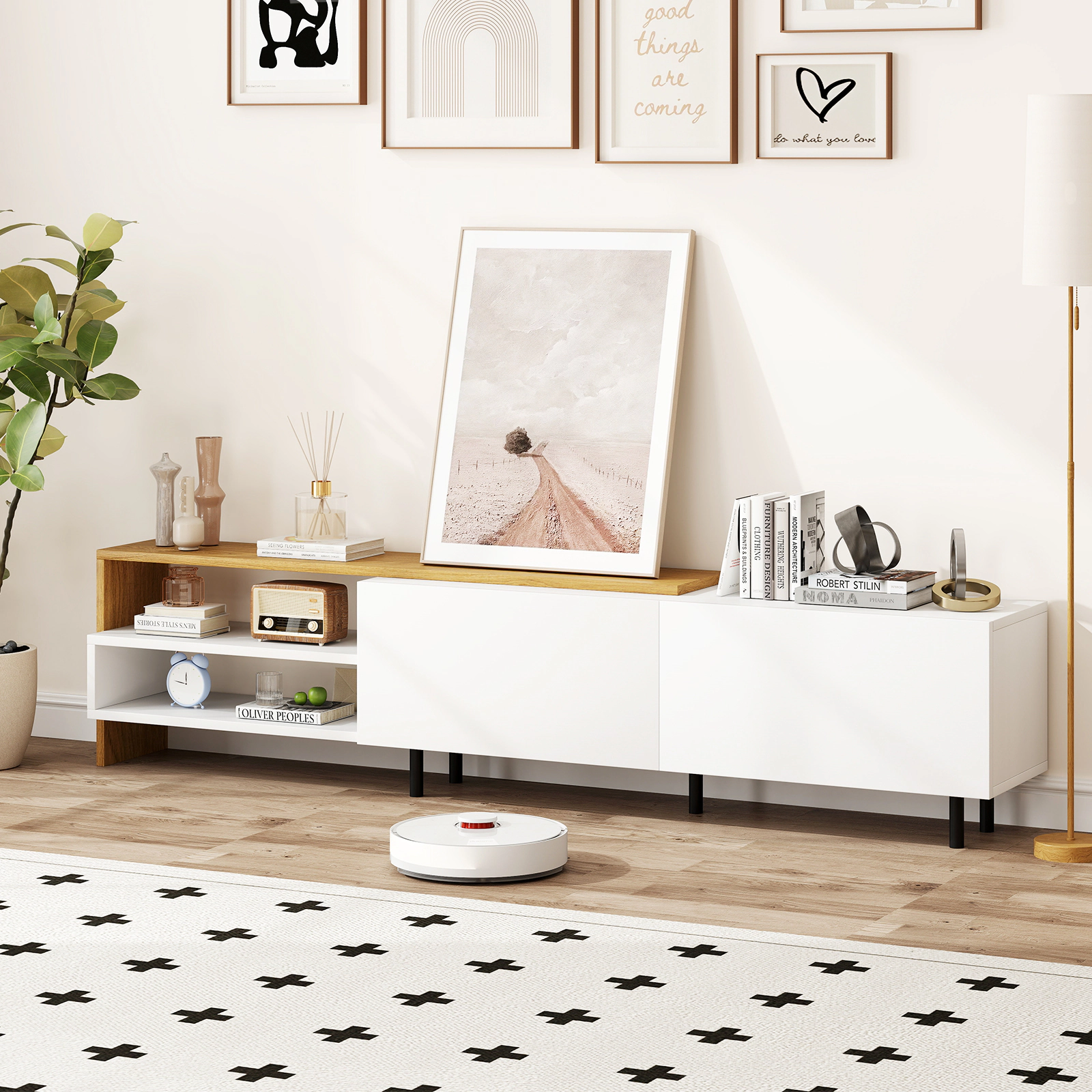 SUGIFT 71.5 in TV Stand White and Natural for 80 in TVs with Open Shelves and Cabinets