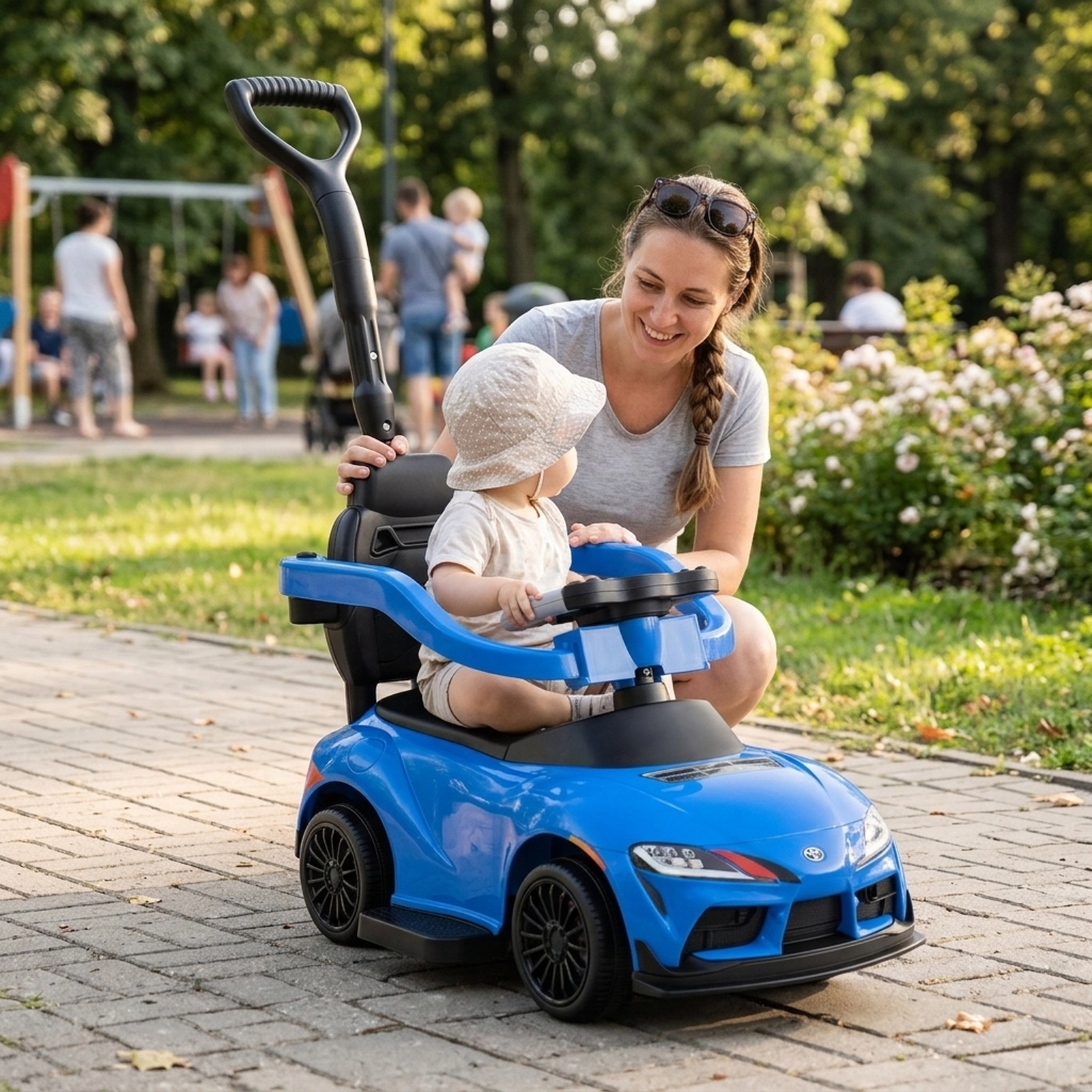 3-in-1 Toddler Push Car Parent Handle Guardrail Anti-Tip Kit One-Click Mode Switch Ages 1.5-5 Blue Ride On Toy