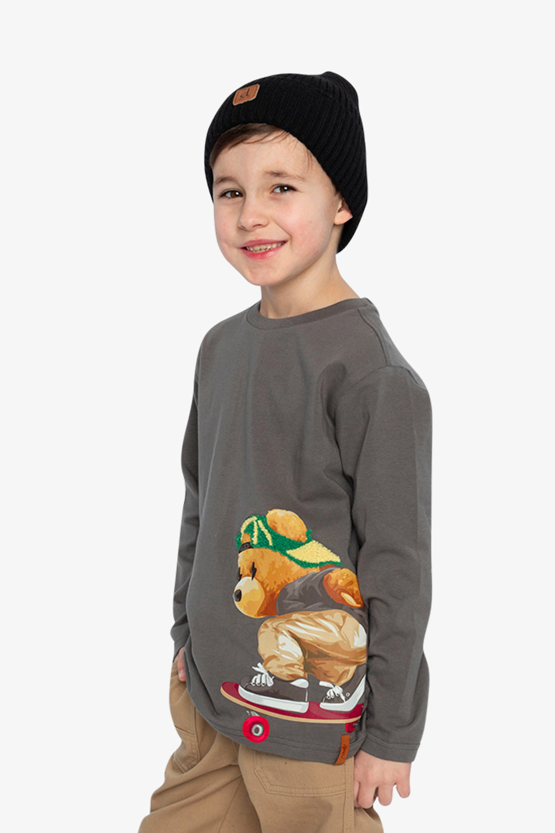 Deux par Boys Long Sleeve Organic Cotton T-Shirt with Skateboarding Bear Graphic