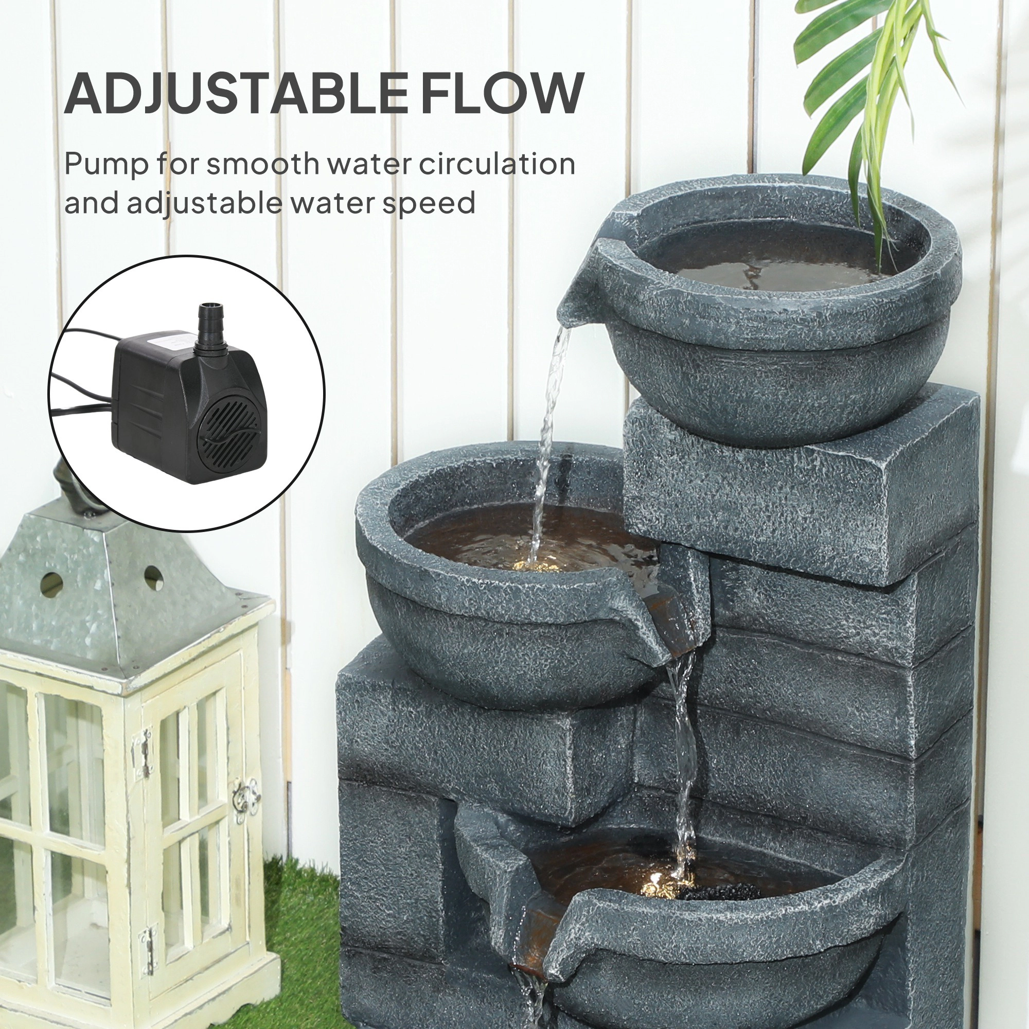 HONGGE Water Fountain 4-Tier Resin Cascading Bowls Outdoor Waterfall Fountain with LED Lights Pump