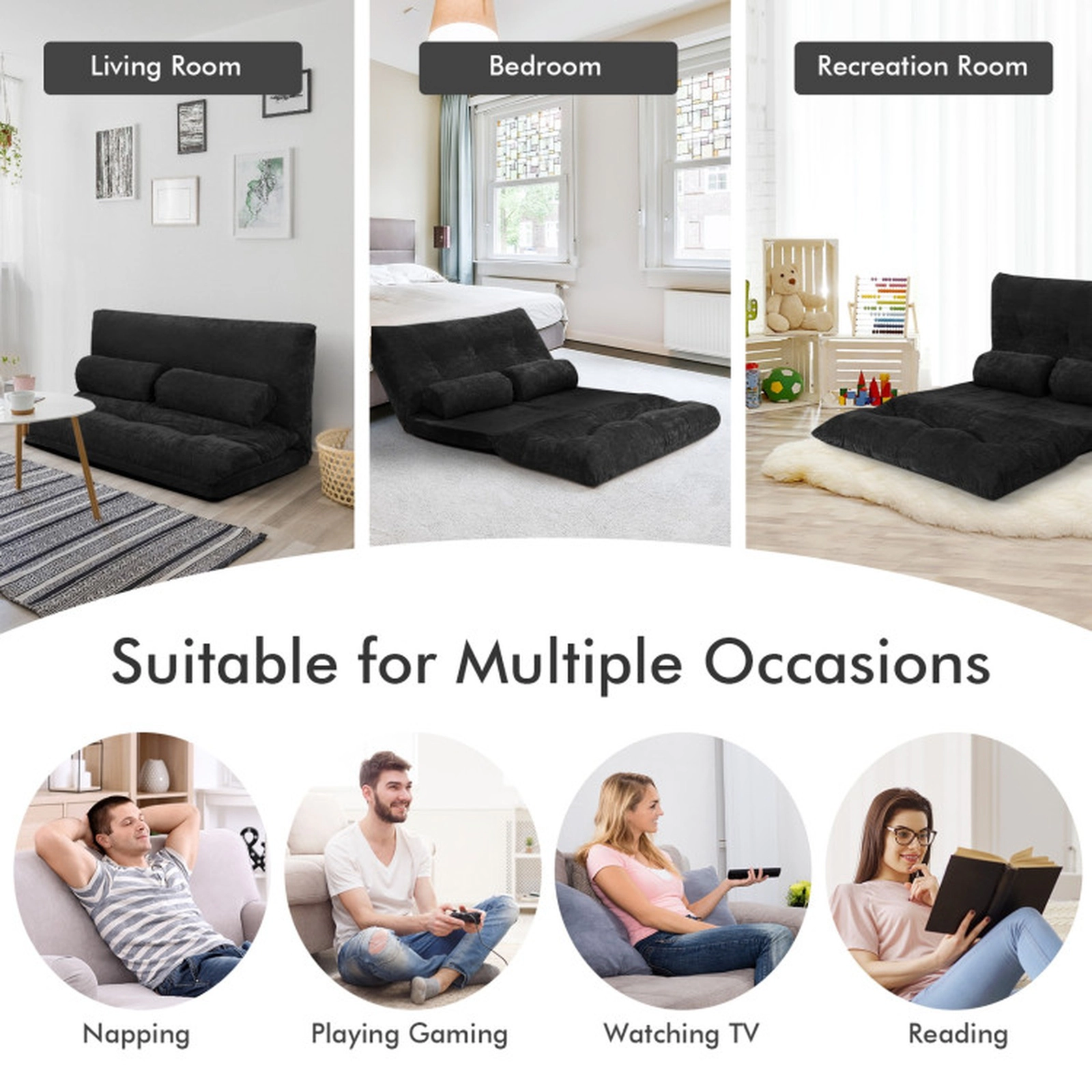 SUGIFT 6-Position 2 Pillows Ribbed Corduroy Convertible Floor Sofa Bed 71-in x 42.5-in x 7-in 330-lb Capacity Black