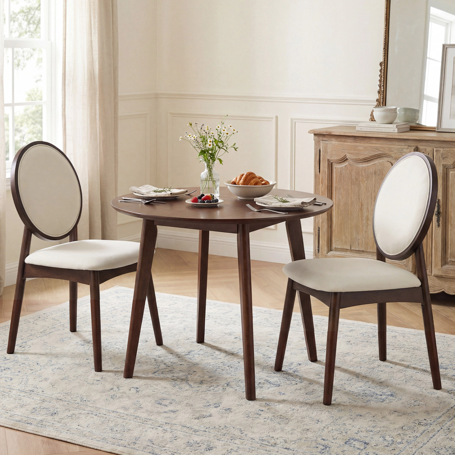 LJG Set of 2 Upholstered Linen Fabric Kitchen Side Chairs with Padded Seat