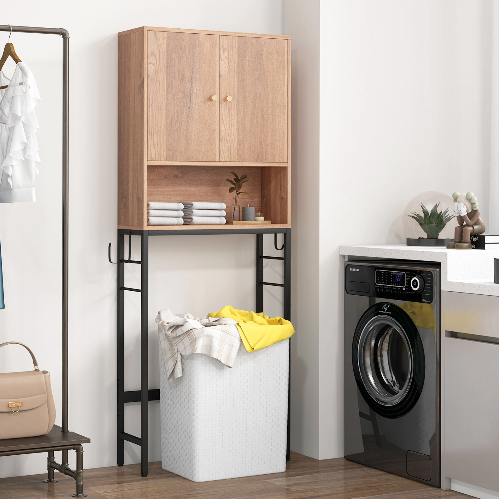 SUGIFT Over The Toilet Storage Cabinet with 2 Doors and Adjustable Shelf 9-in Deep 132-lb Capacity Natural Black White