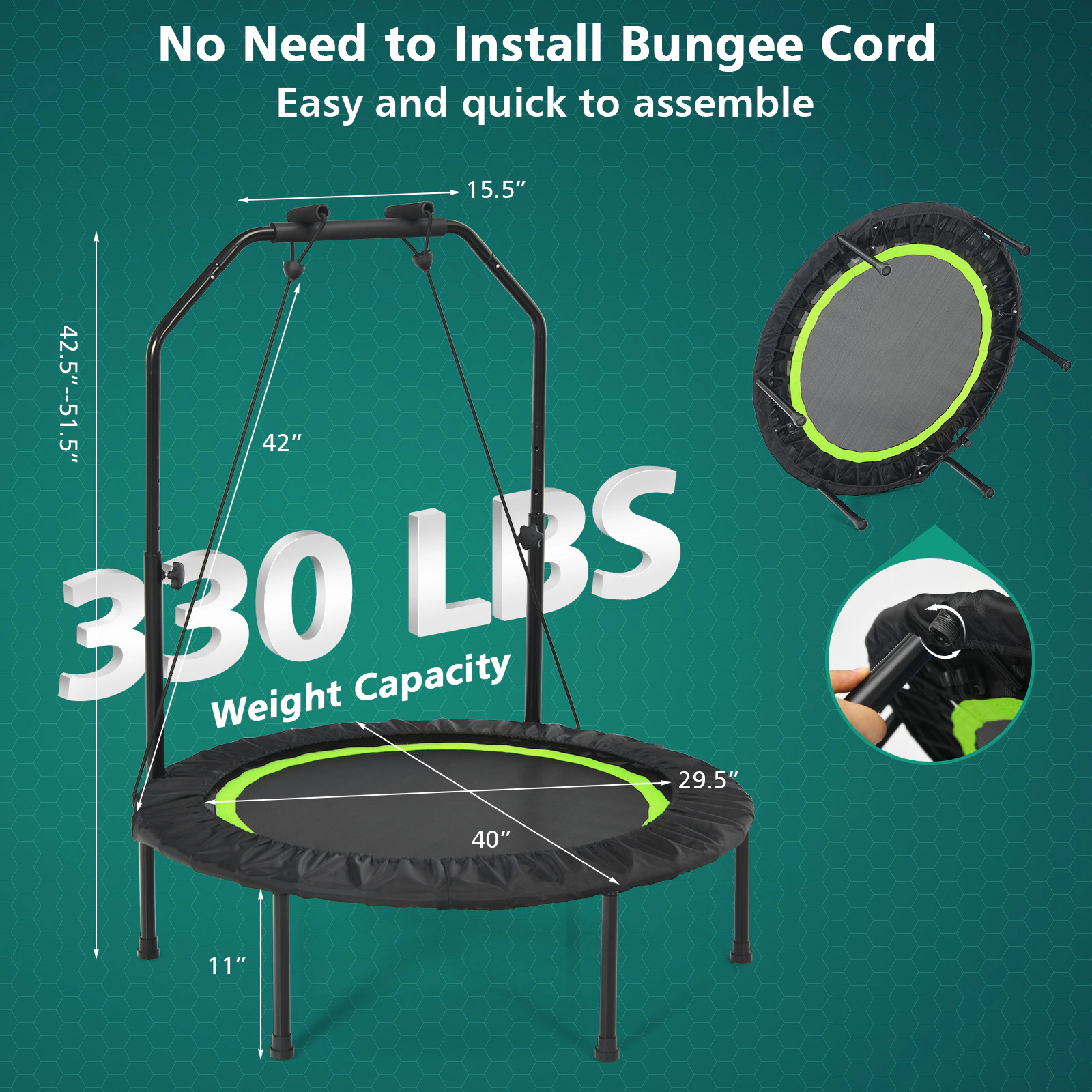 SUGIFT Green Adjustable Handrail and Resistance Bands 40 Inch Foldable Adult Fitness Rebounder