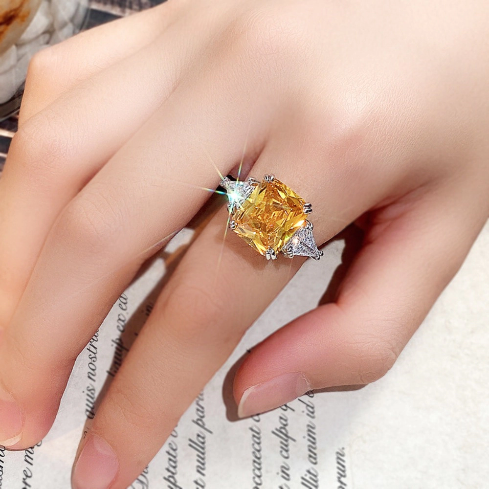 Wardrobe Whimsy Radiant Cut Yellow Cubic Zirconia Three Stone Statement Ring Elegant Fashion Jewelry