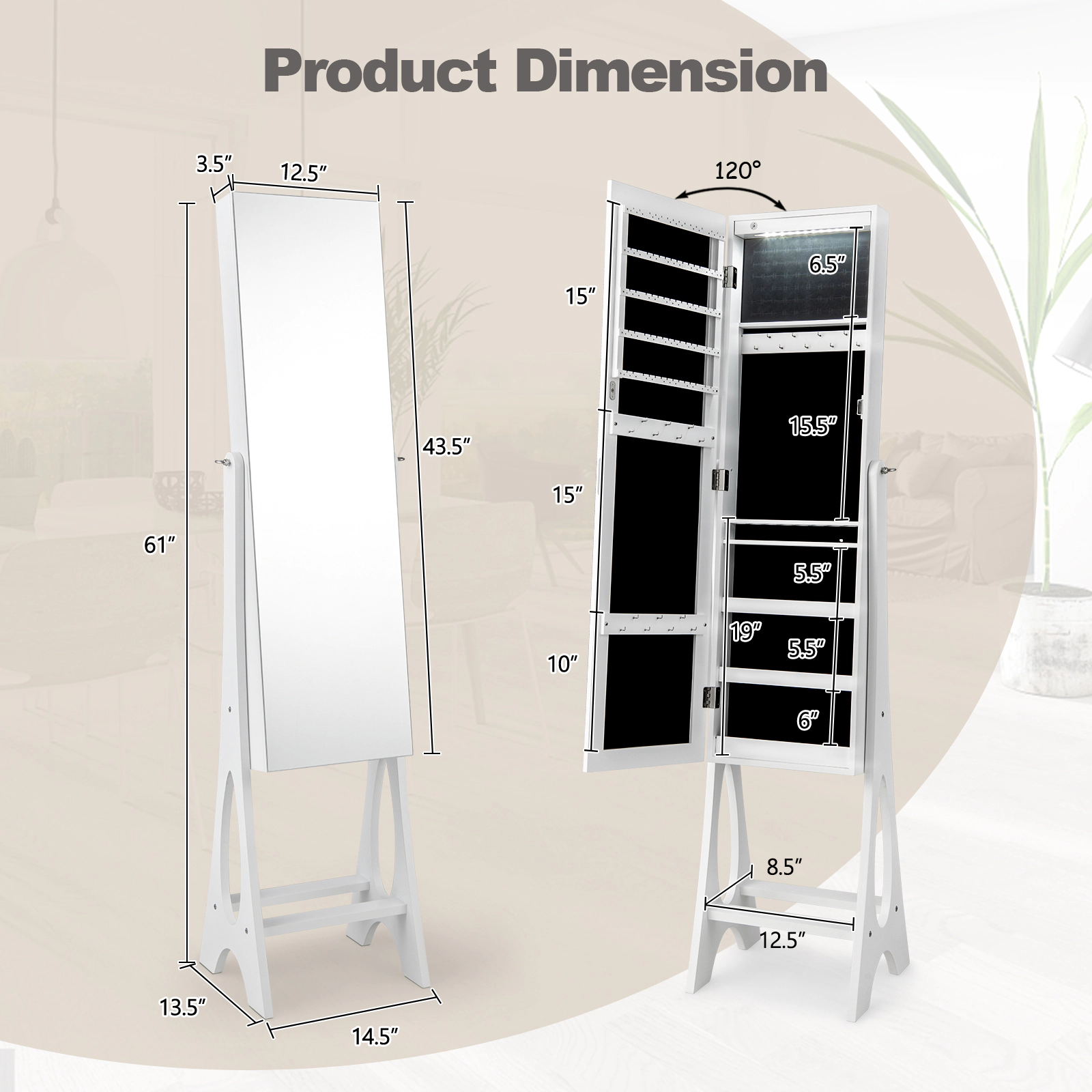 Slickblue 61 Inch Freestanding Jewelry Cabinet Armoire with Full-Length Beveled Mirror
